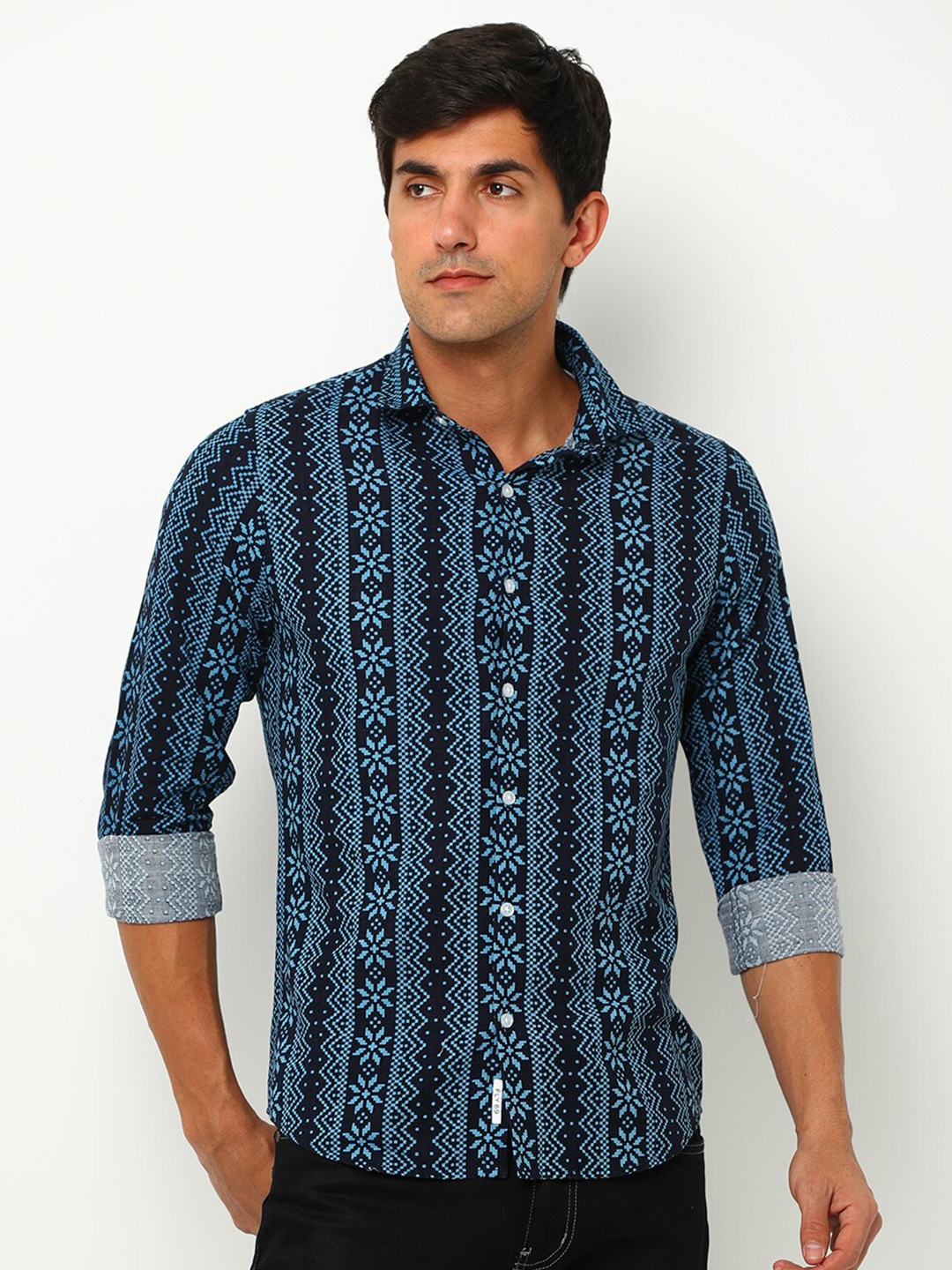 

FLY 69 Premium Ethnic Motifs Printed Slim Fit Pure Cotton Shirt, Blue
