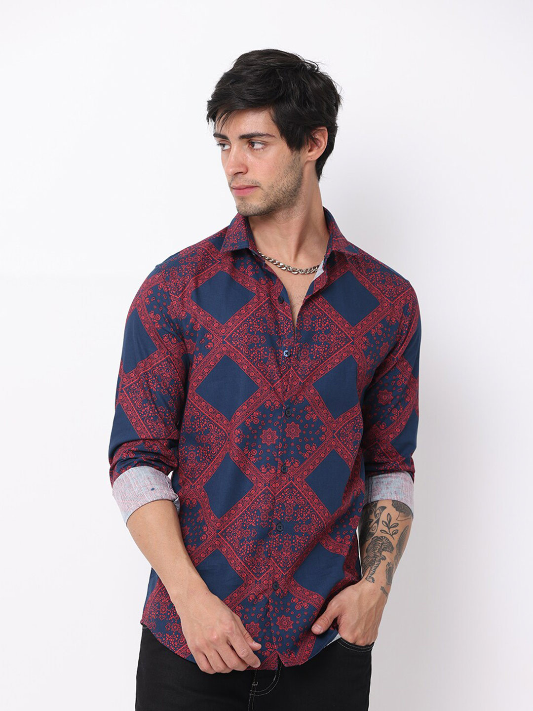 

FLY 69 Ethnic Motifs Printed Premium Slim Fit Pure Cotton Casual Shirt, Red