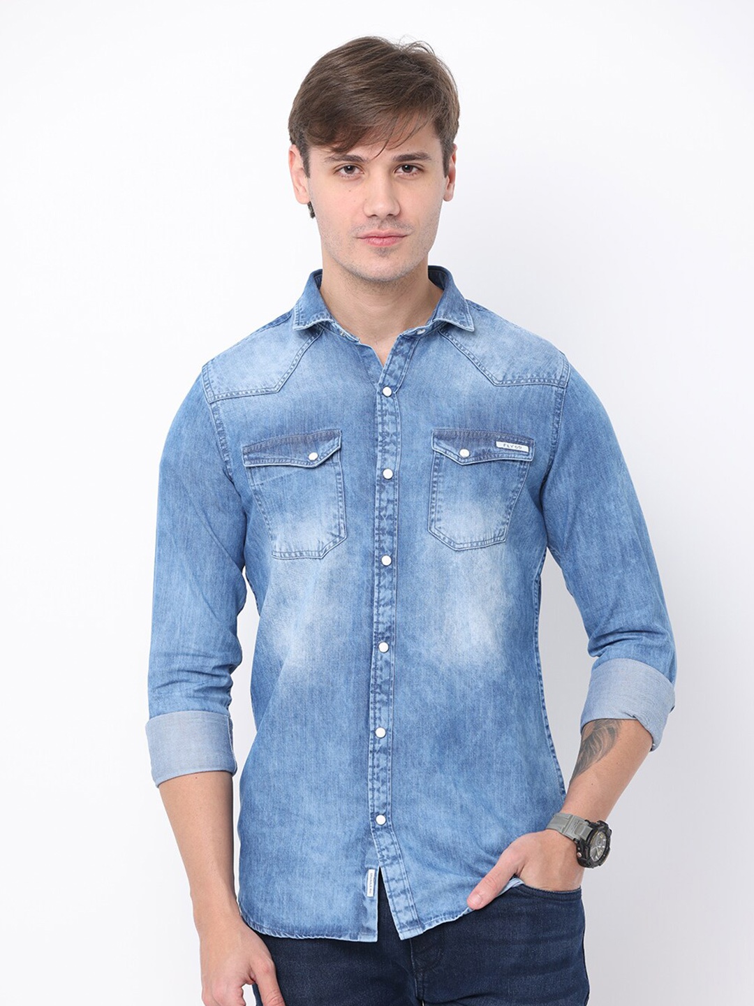 

FLY 69 Premium Slim Fit Faded Denim Casual Shirt, Blue