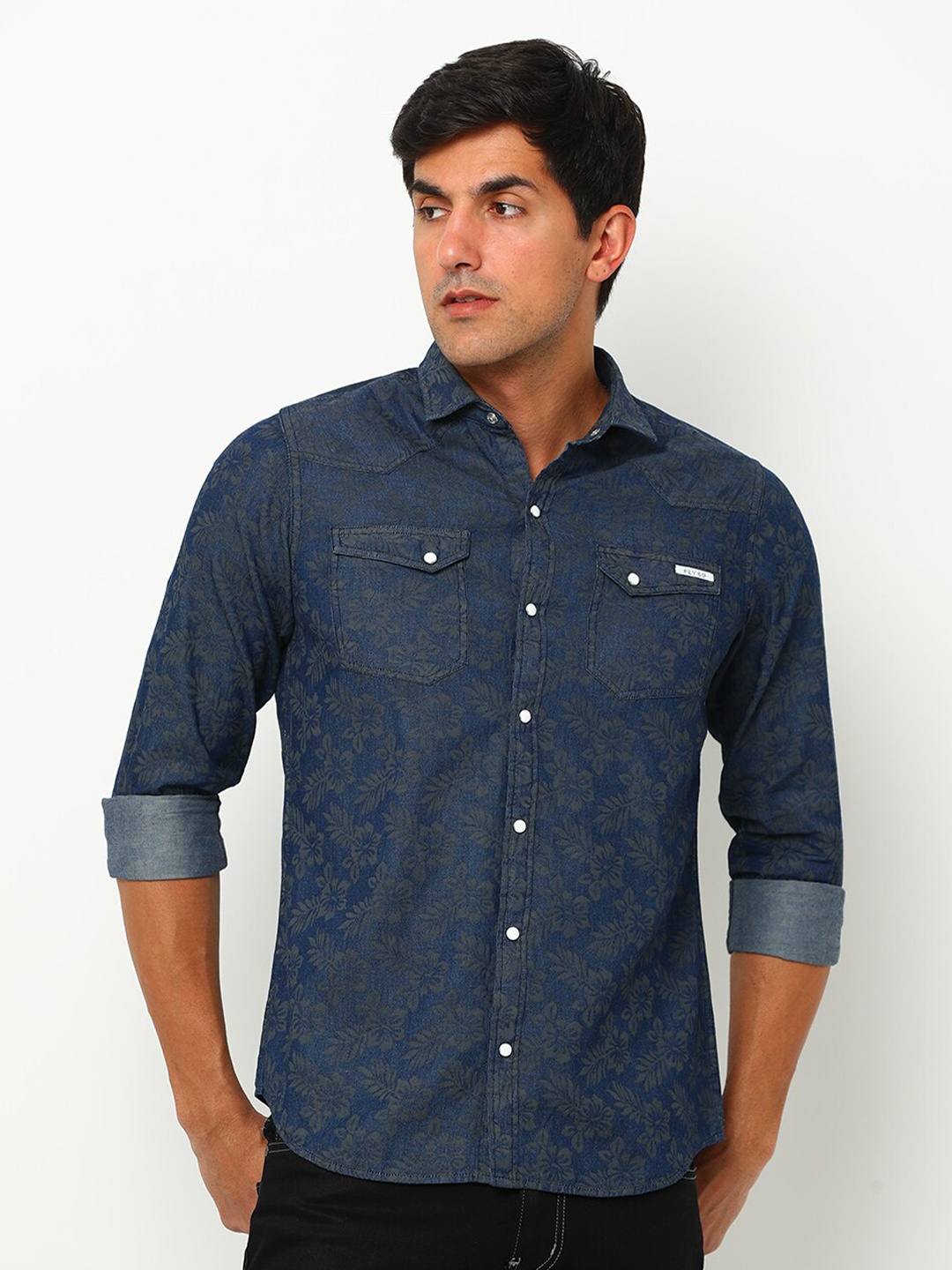 

FLY 69 Premium Slim Fit Floral Printed Spread Collar Denim Casual Shirt, Blue