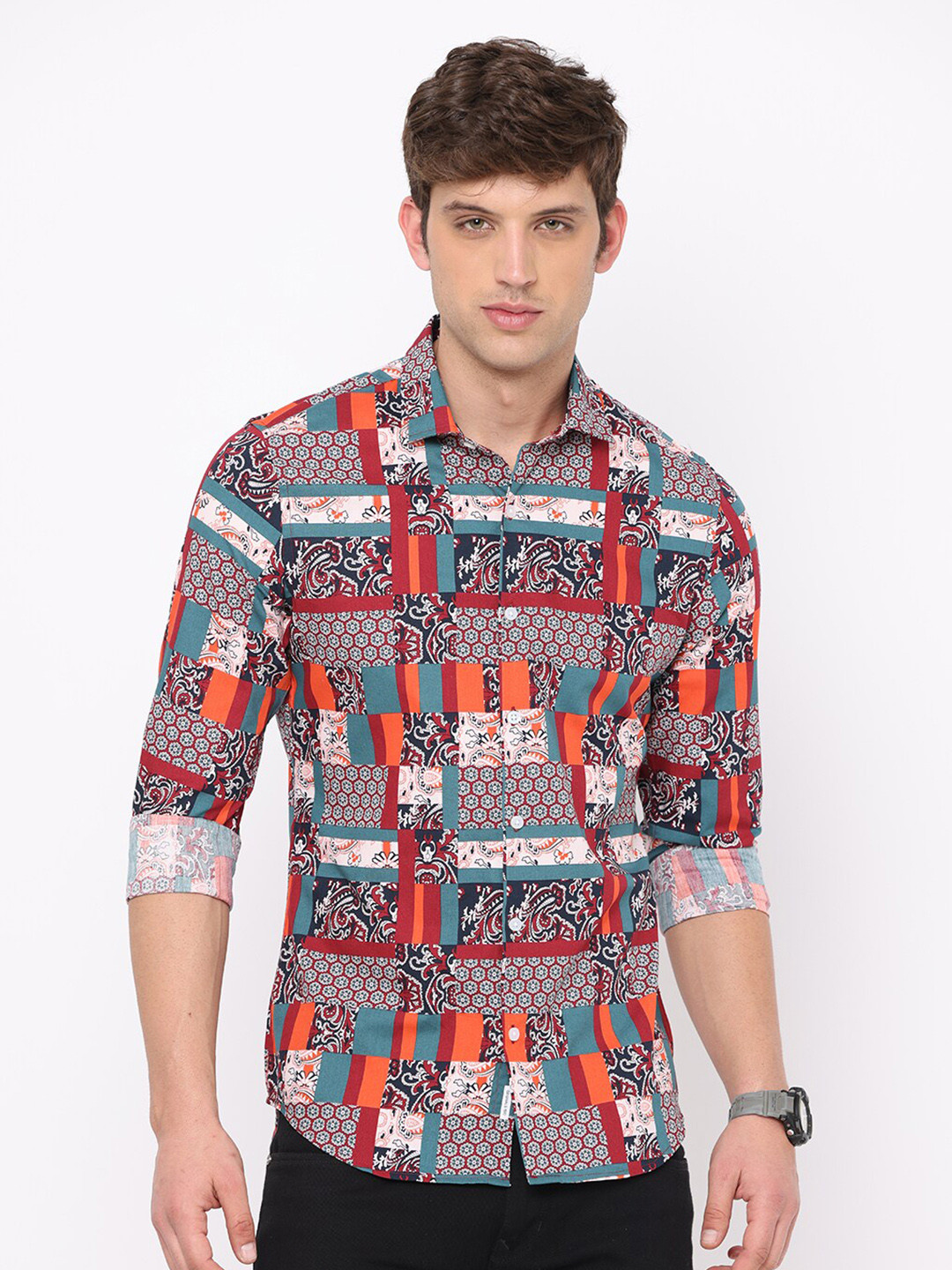 

FLY 69 Premium Slim Fit Abstract Printed Spread Collar Pure Cotton Casual Shirt, Red