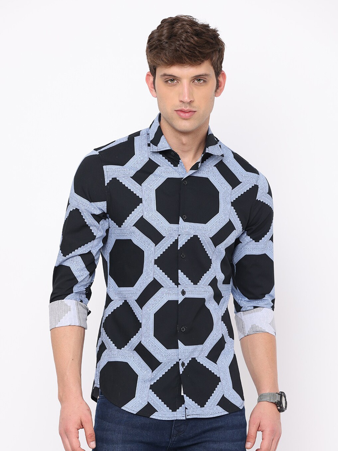 

FLY 69 Premium Slim Fit Printed Pure Cotton Casual Shirt, Blue