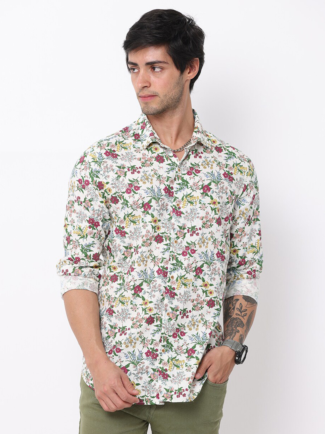 

FLY 69 Premium Slim Fit Floral Printed Cotton Linen Casual Shirt, Off white