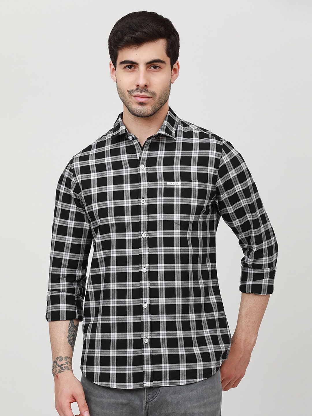

FLY 69 Premium Slim Fit Checked Pure Cotton Casual Shirt, Black
