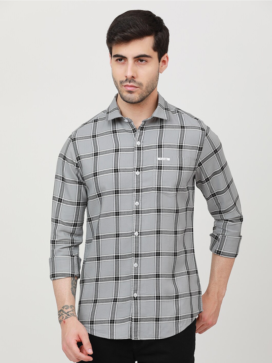 

FLY 69 Windowpane Checked Cotton Premium Slim Fit Opaque Casual Shirt, Grey