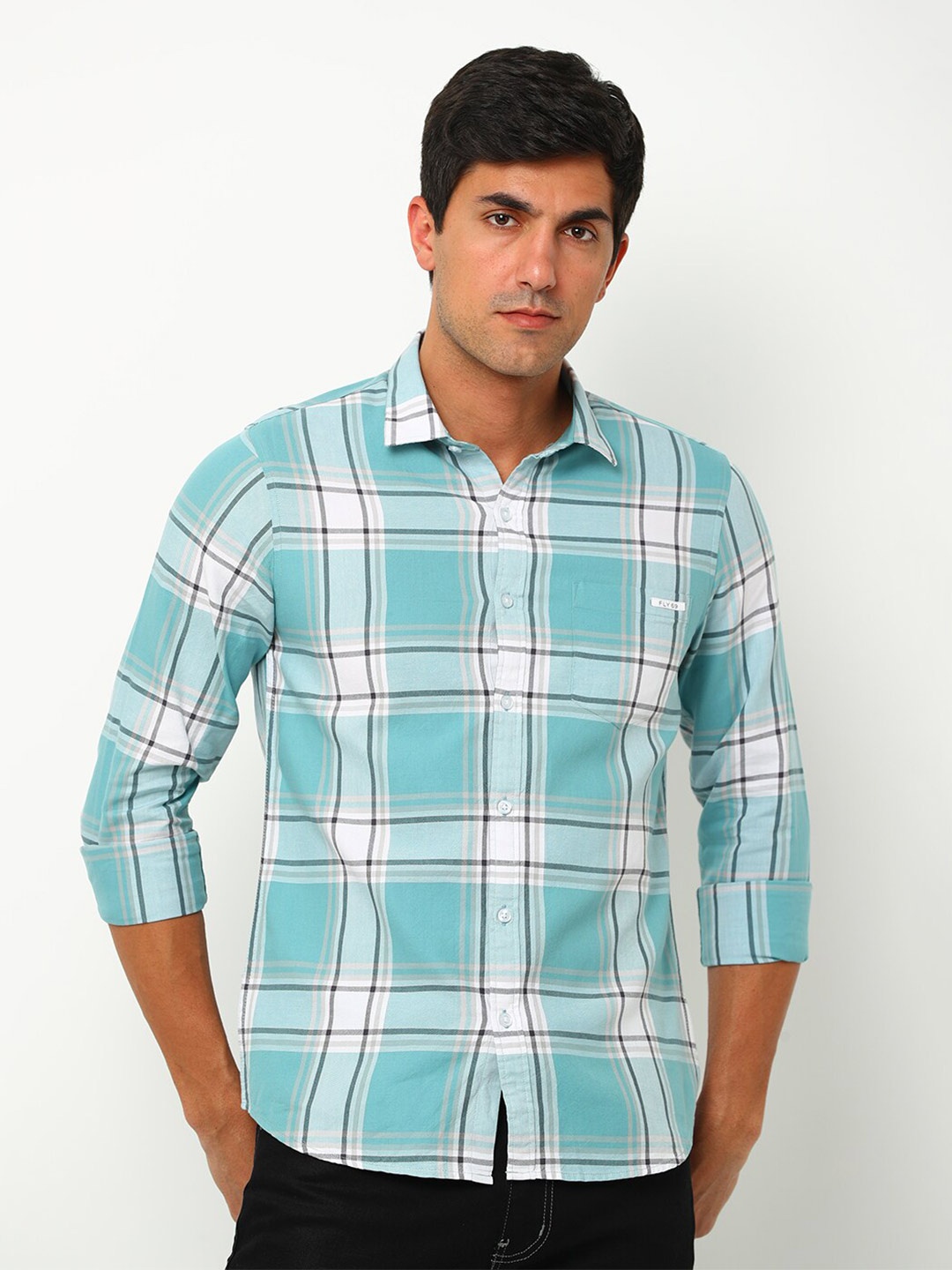 

FLY 69 Premium Slim Fit Tartan Checked Pure Cotton Casual Shirt, Blue