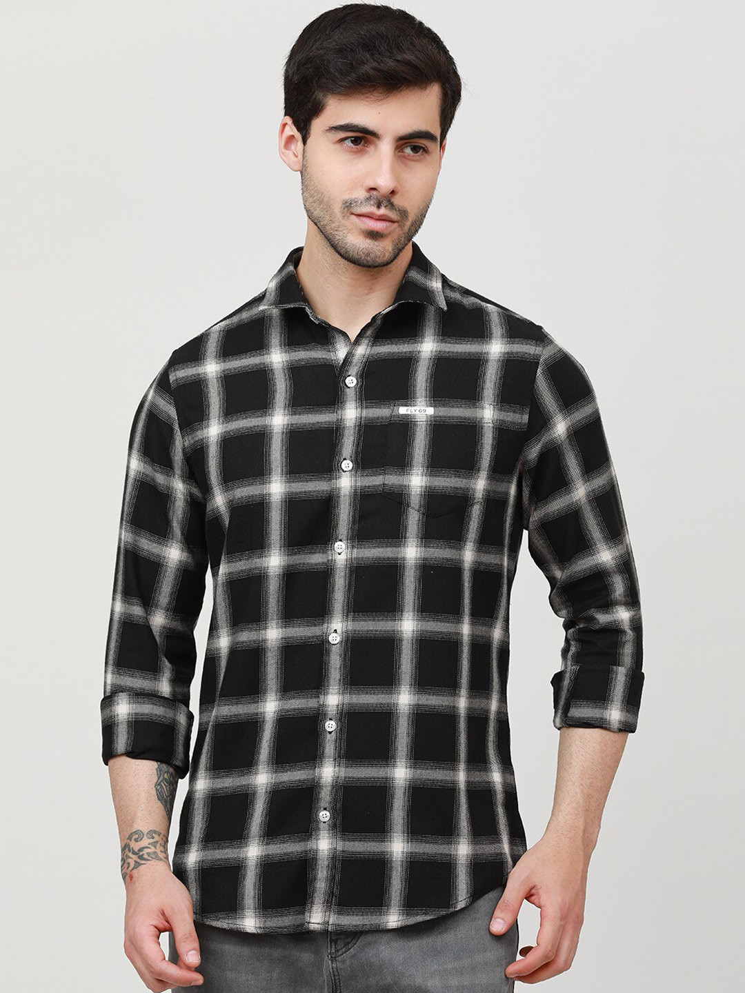 

FLY 69 Premium Slim Fit Checked Pure Cotton Casual Shirt, Black
