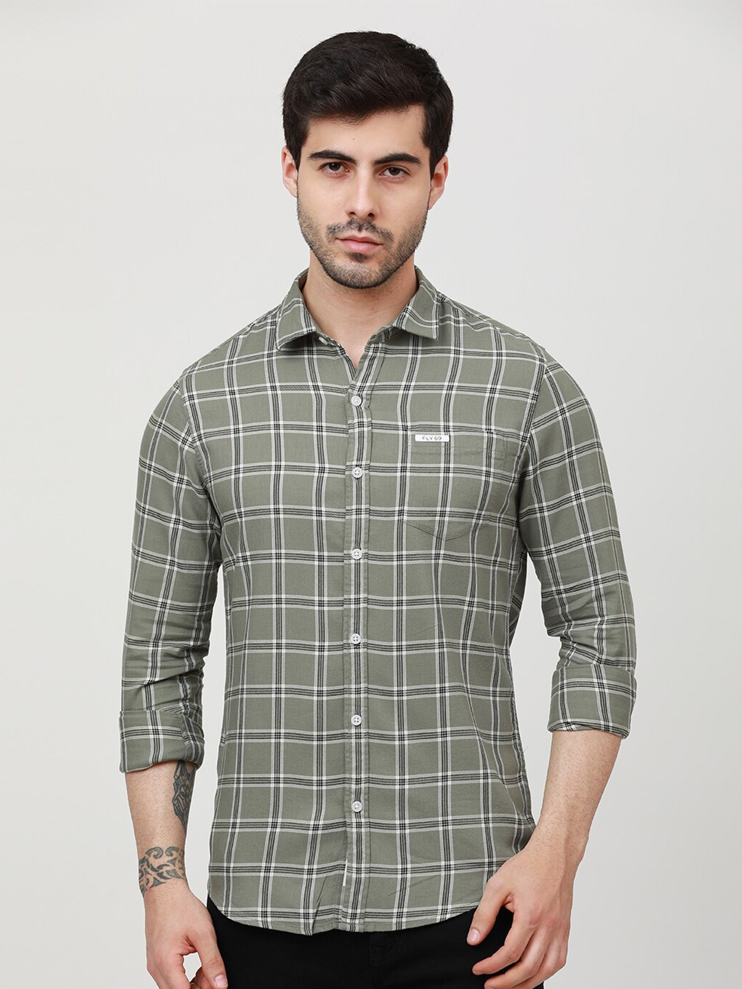 

FLY 69 Premium Slim Fit Checked Pure Cotton Casual Shirt, Green