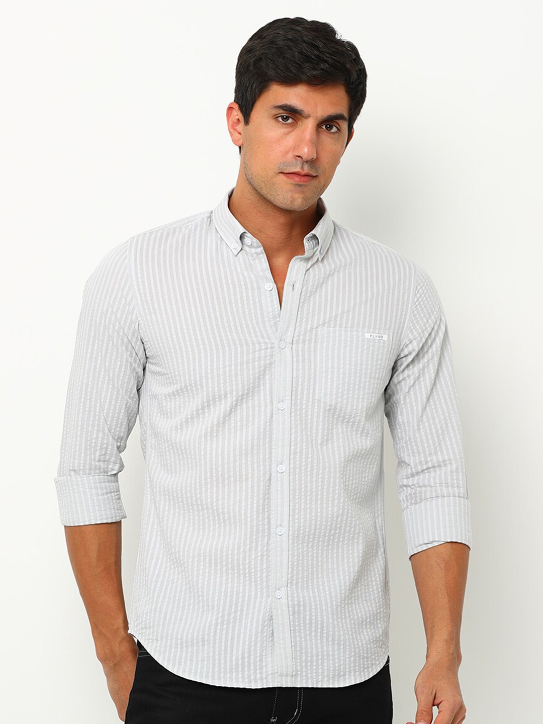

FLY 69 Premium Slim Fit Opaque Striped Casual Pure Cotton Shirt, Grey