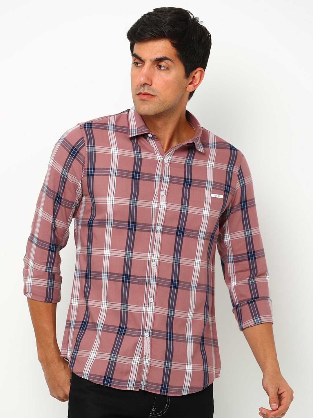 

FLY 69 Premium Slim Fit Tartan Checked Casual Pure Cotton Shirt, Pink