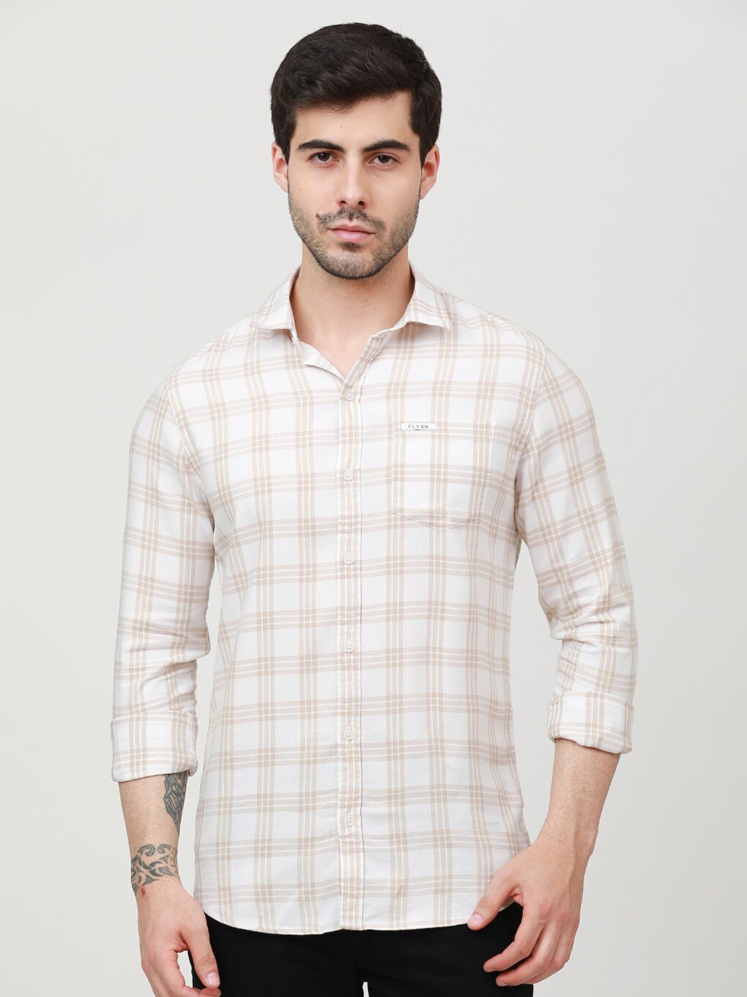 

FLY 69 Premium Slim Fit Tartan Checked Pure Cotton Casual Shirt, Off white