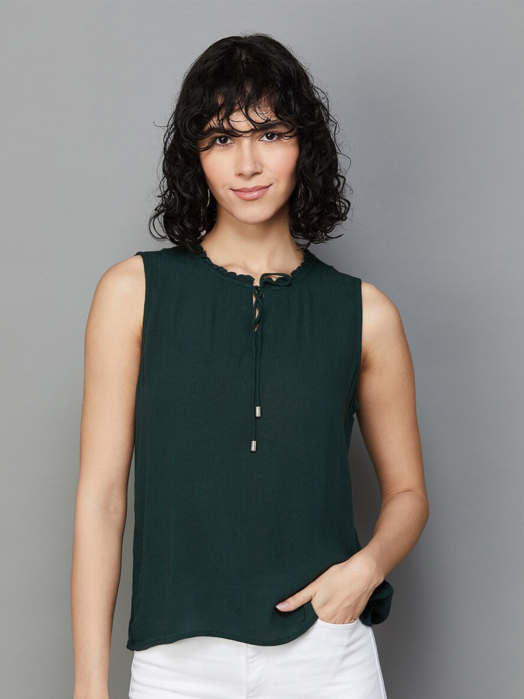 

Fame Forever by Lifestyle Tie Up Neck Regular Top, Green