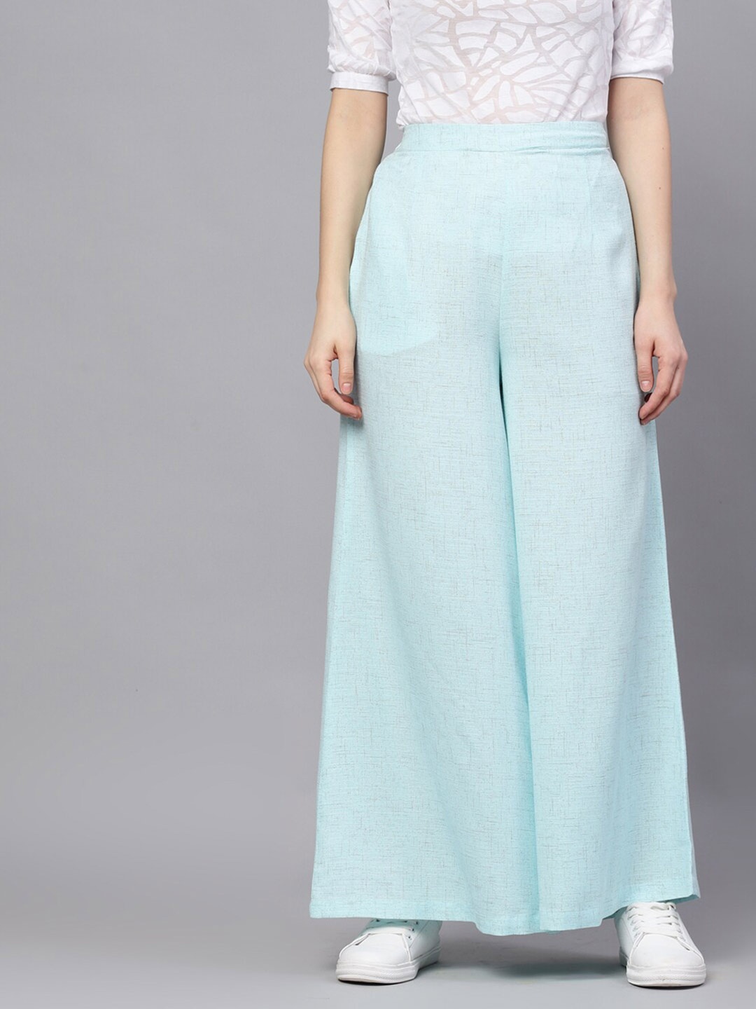 

AKS Self Design Wide Leg Cotton Palazzos, Blue
