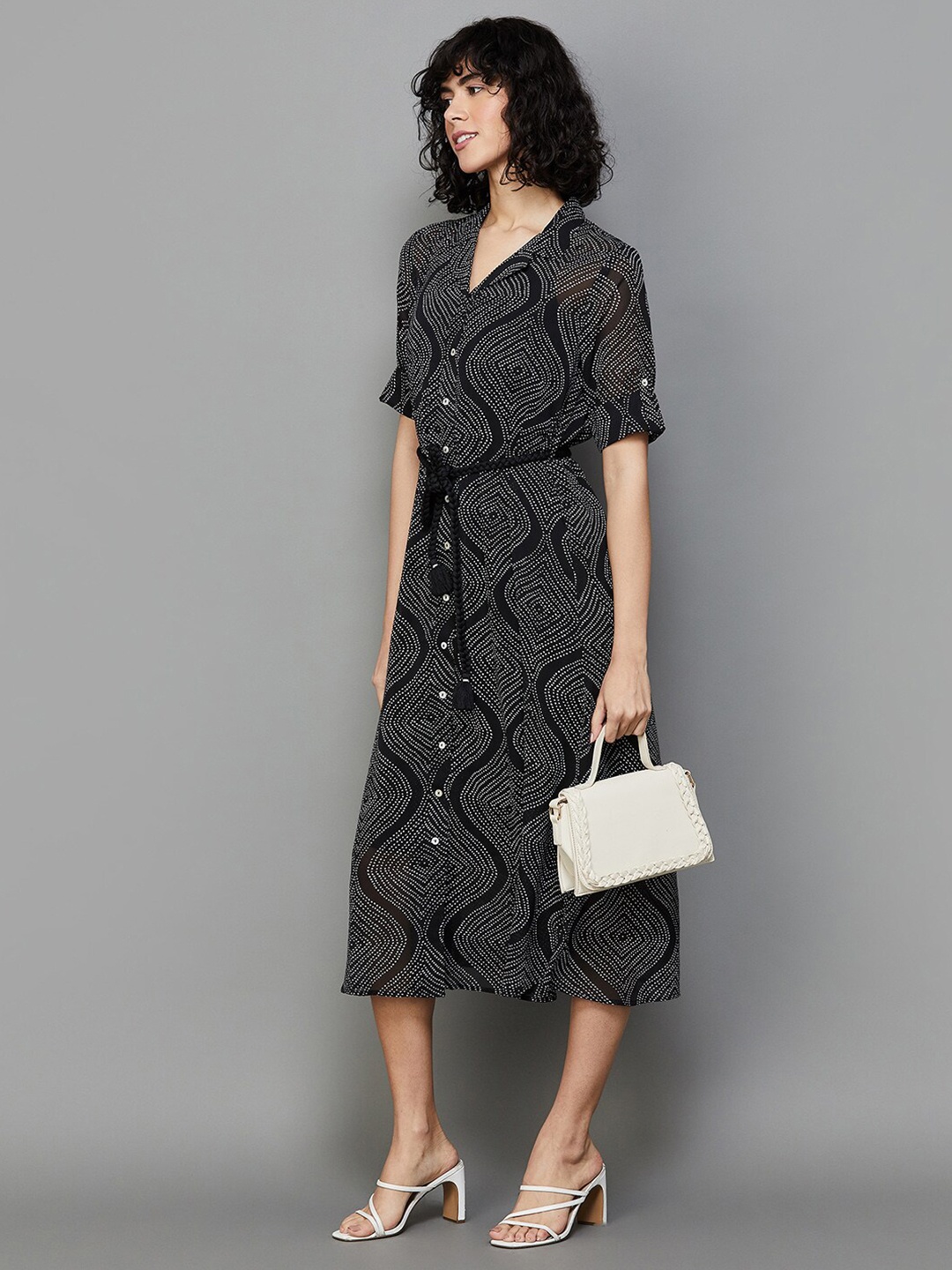 

Colour Me by Melange Geometric Printed Georgette A-Line Dress, Black