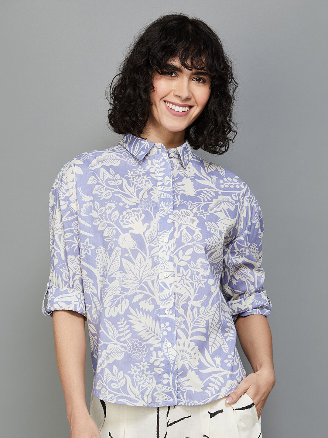 

Colour Me by Melange Floral Printed Spread Collar Cotton Casual Shirt, Blue