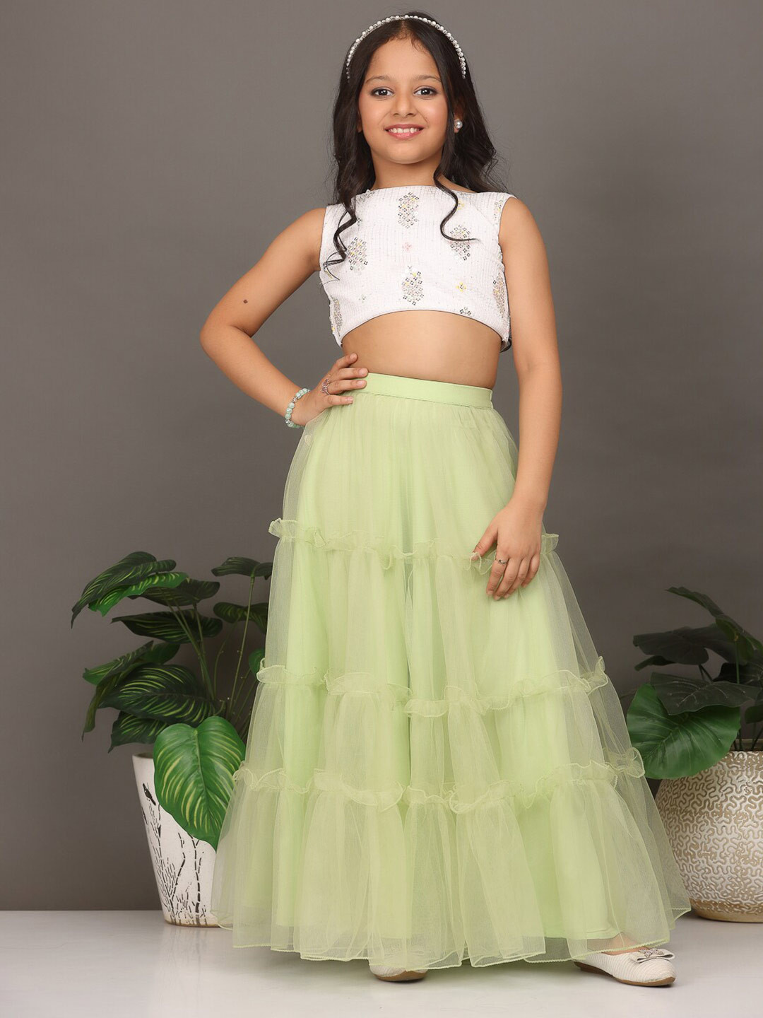 

Ethnovog Embellished Sequinned Ready to Wear Lehenga & Blouse With Dupatta, White