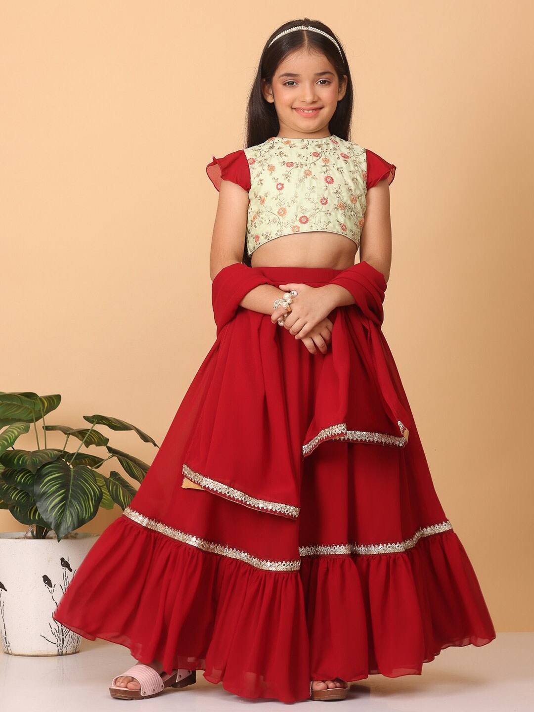 

Ethnovog Embroidered Thread Work Ready to Wear Lehenga & Blouse With Dupatta, Green