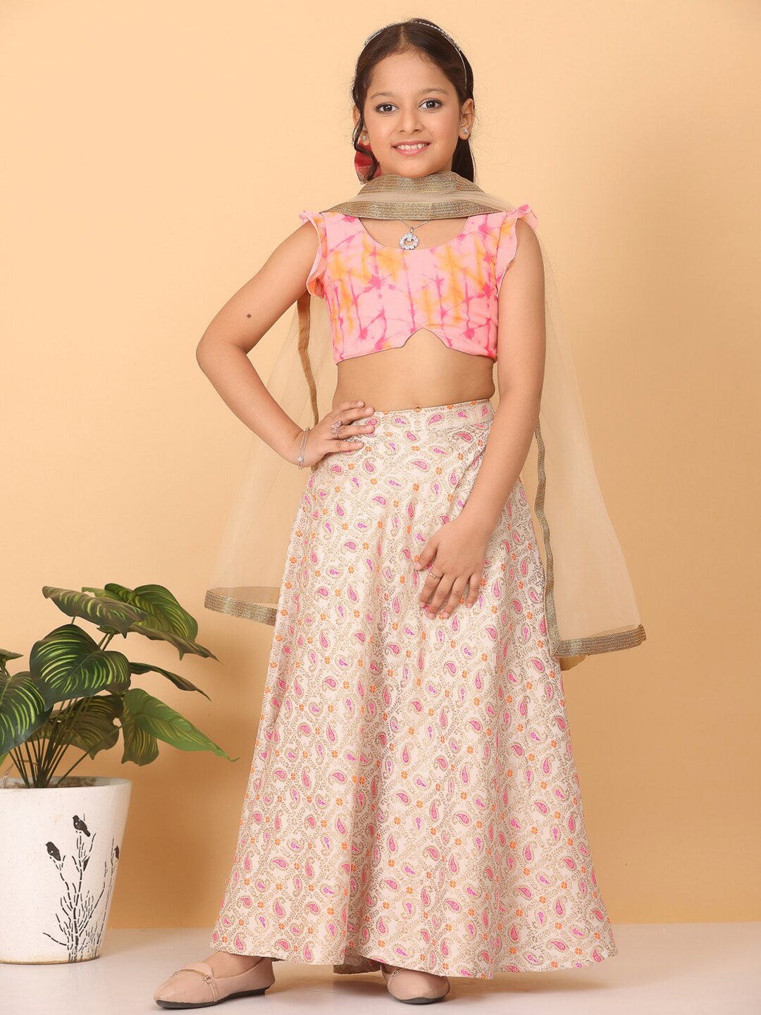 Ethnovog Girls Printed Ready to Wear Lehenga & Blouse With Dupatta, Pink