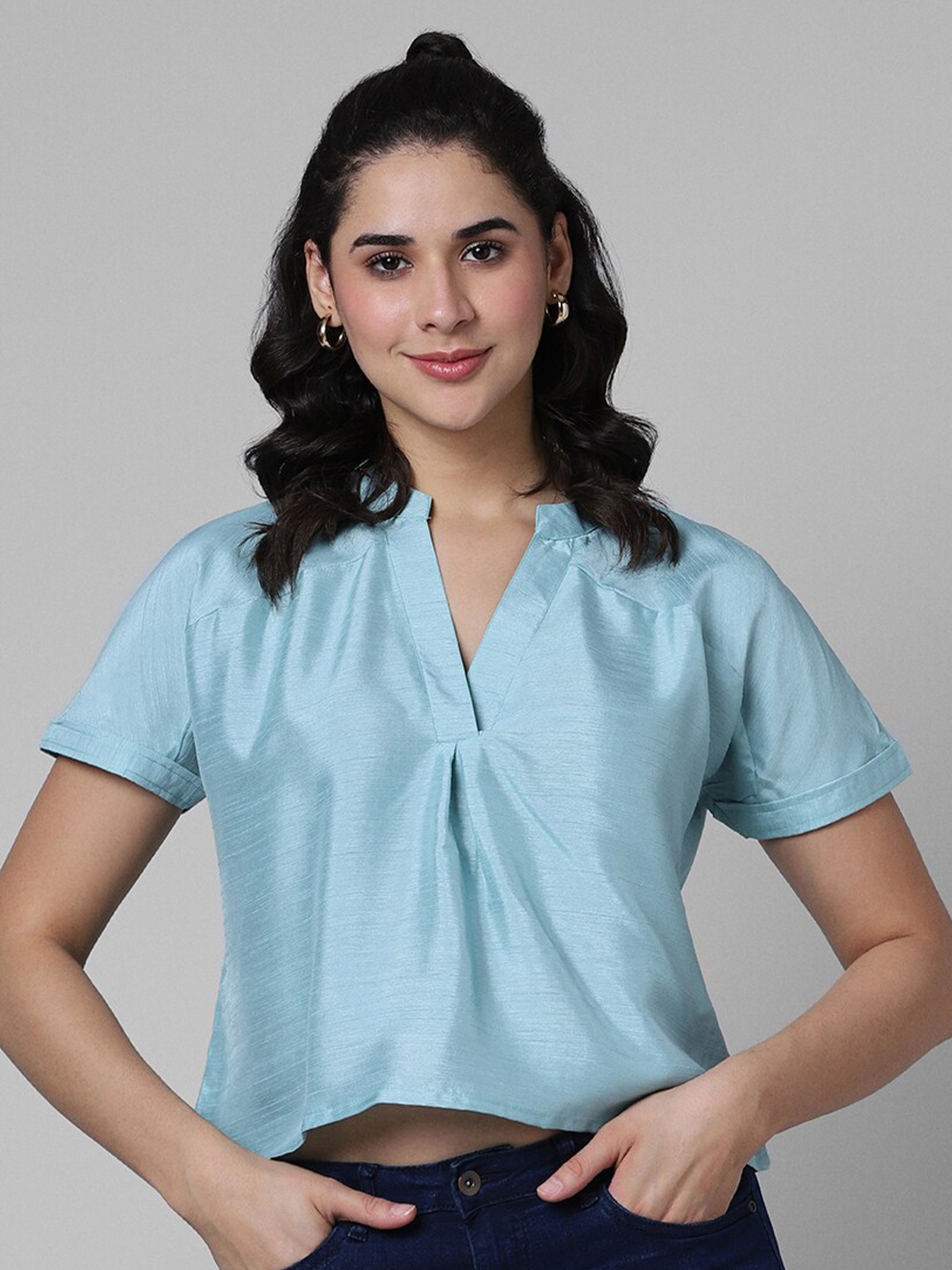 

Pantaloons Mandarin Collar Raglan Sleeves Top, Sea green