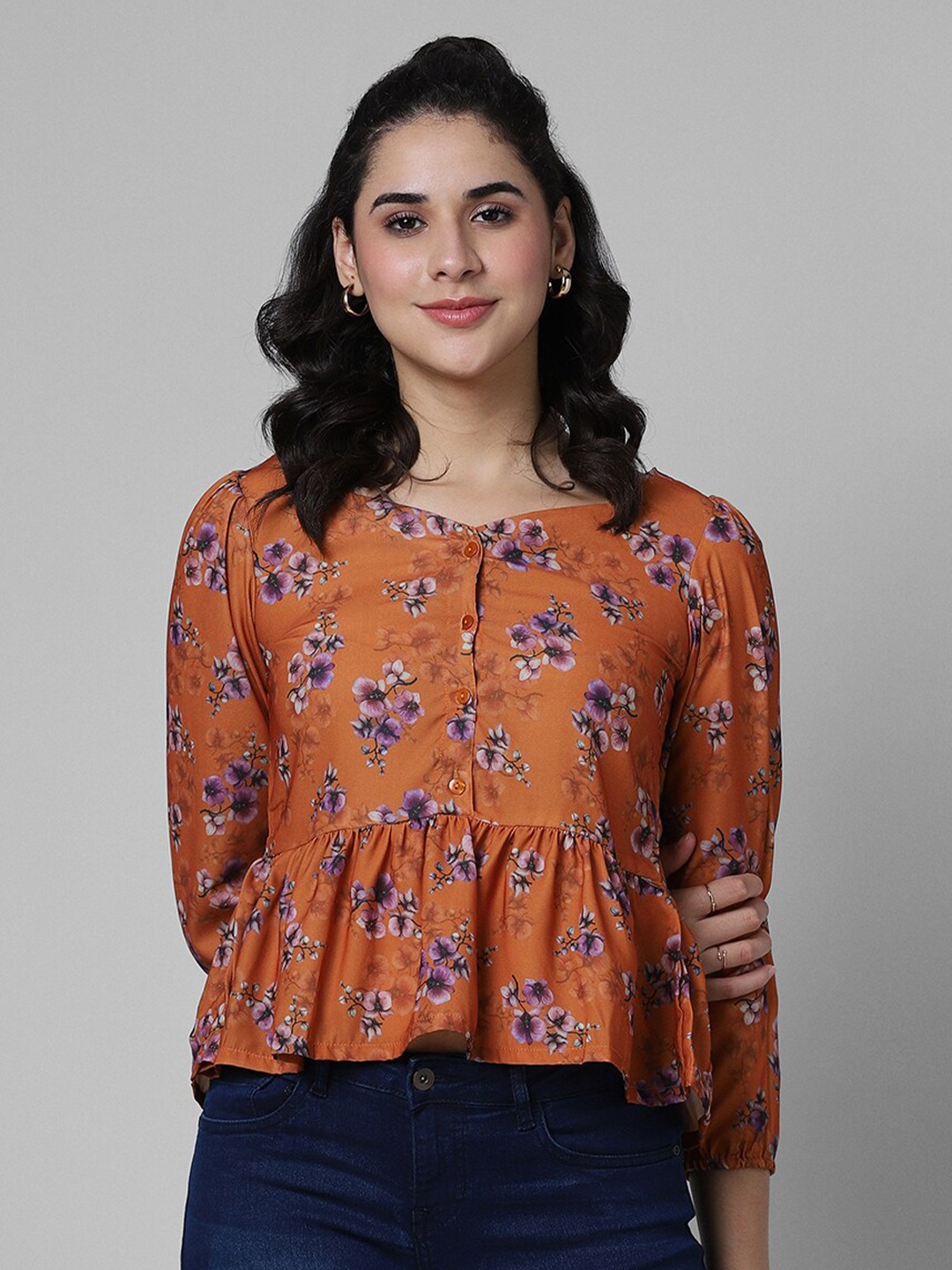 

Pantaloons Floral Print Peplum Top, Orange