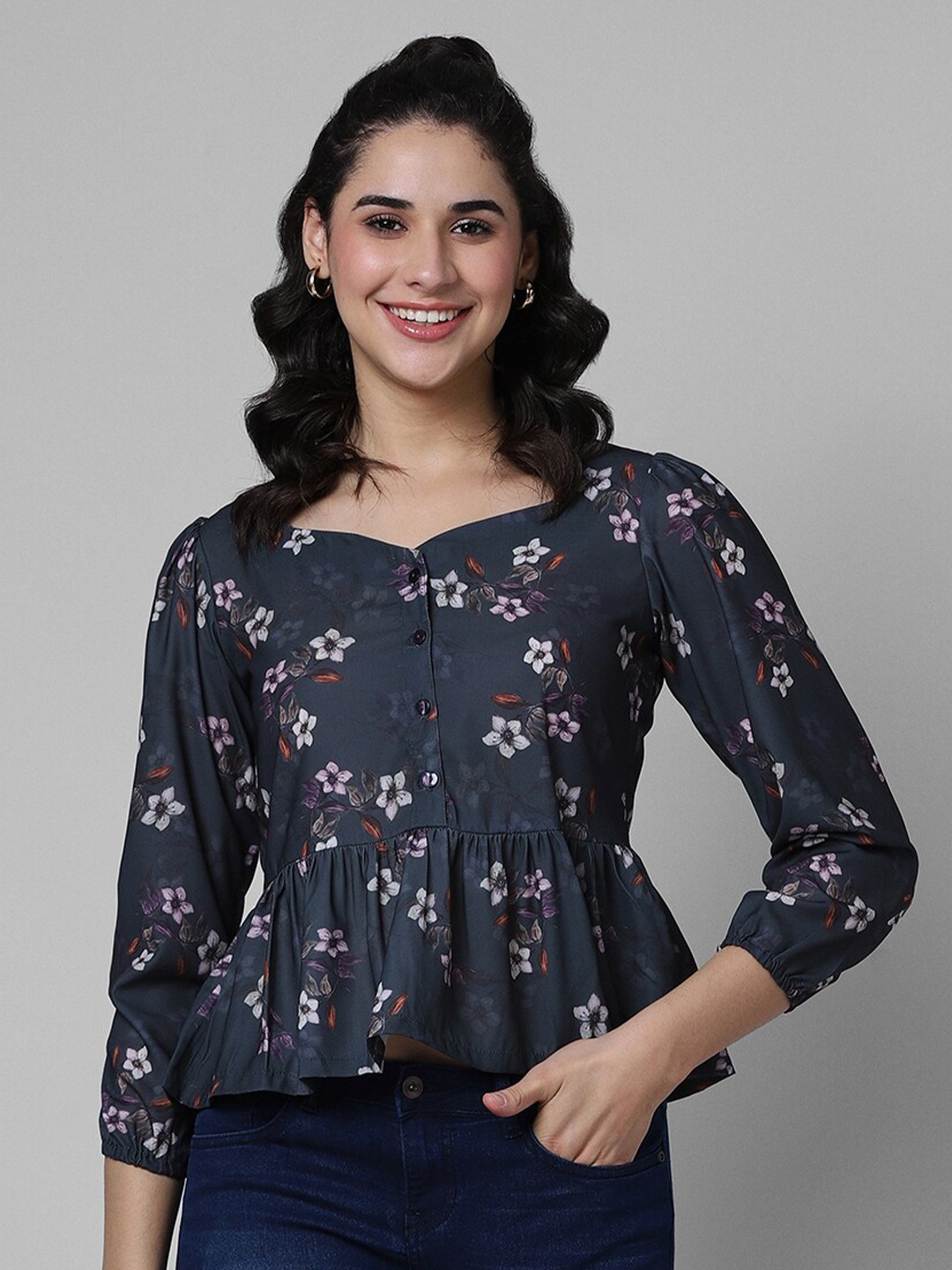 

Pantaloons Floral Print Peplum Top, Grey