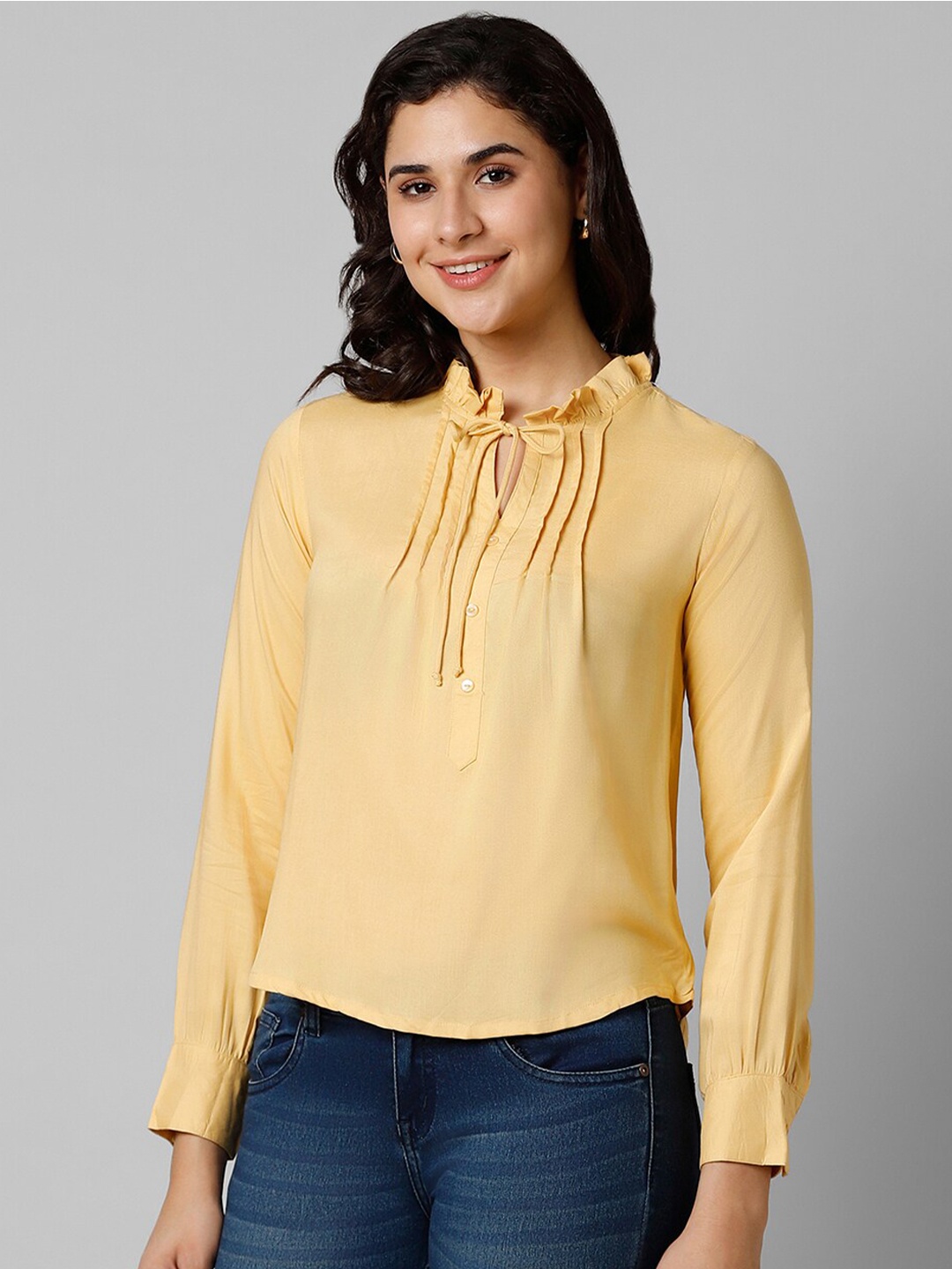 

Pantaloons Tie-Up Neck Pleated Cuffed Sleeves Top, Mustard