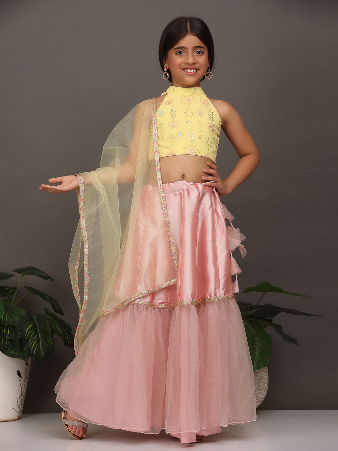 

Ethnovog Girls Embroidered Sequinned Ready to Wear Lehenga & Blouse With Dupatta, Yellow