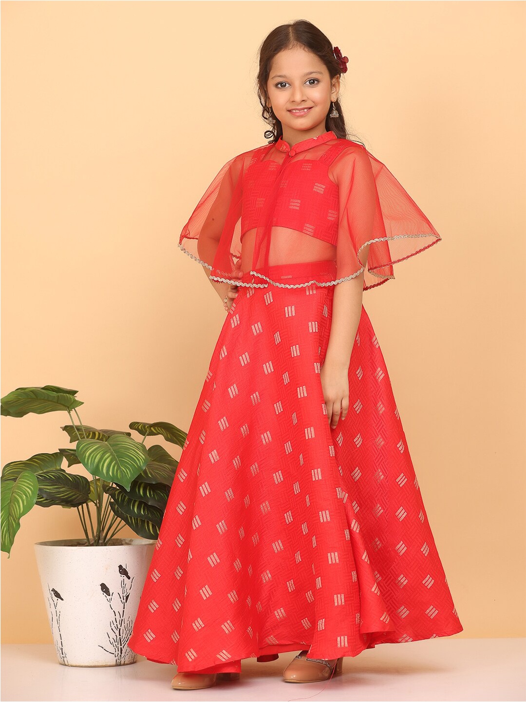 

Ethnovog Girls Woven Design Ready to Wear Lehenga Choli & Cape, Red