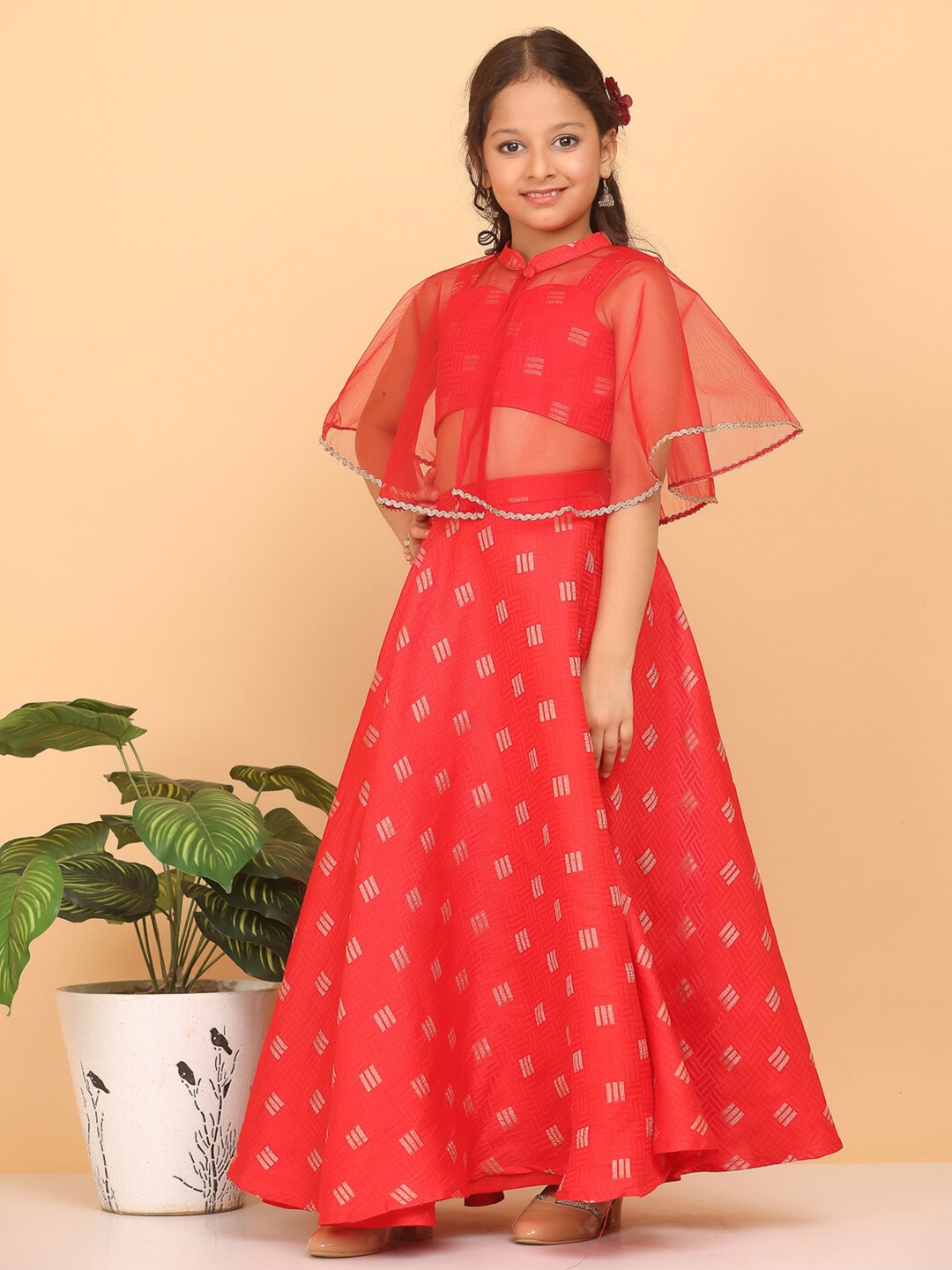 

Ethnovog Girls Woven Design Ready to Wear Lehenga Choli & Cape, Red