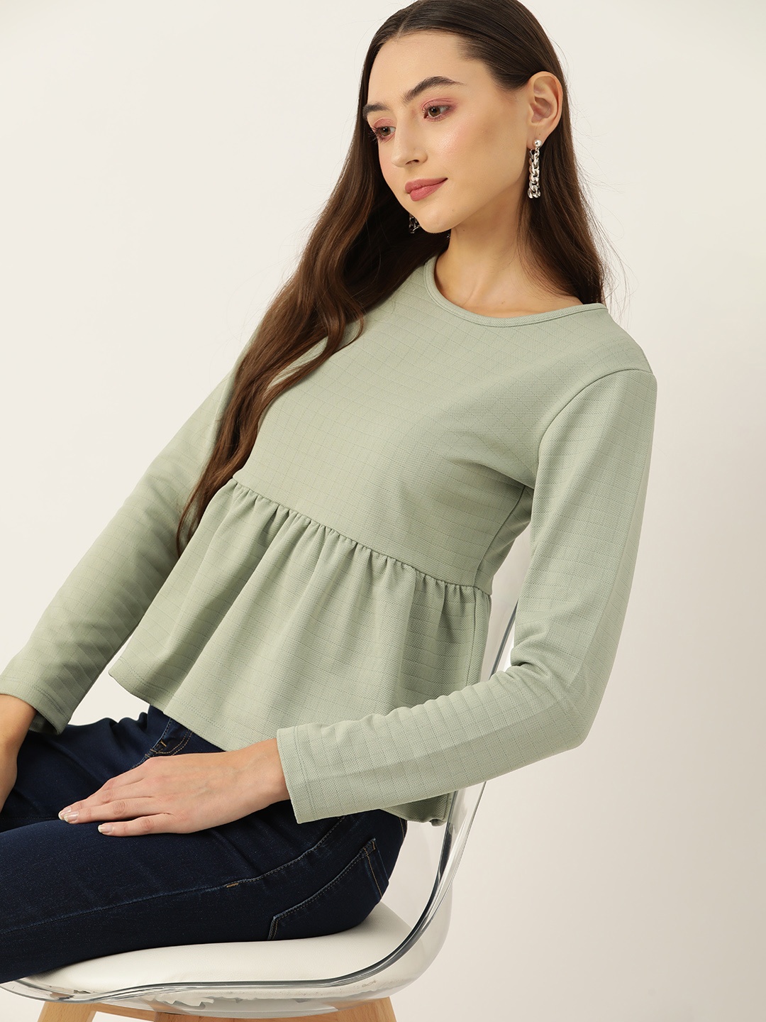 

DressBerry Checked Peplum Top, Green