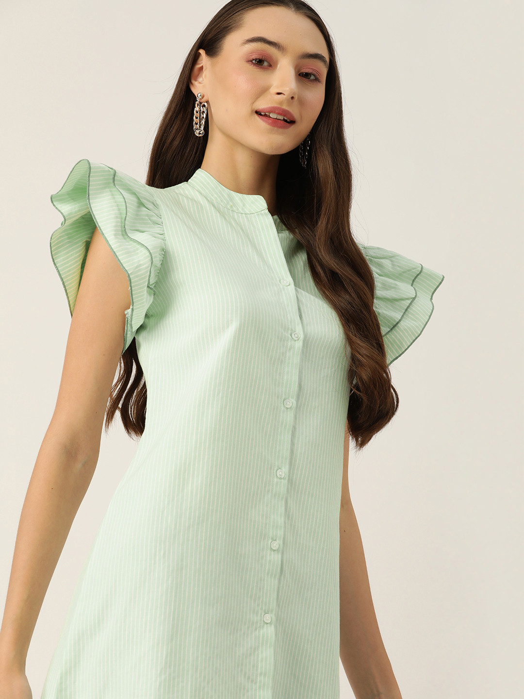 

DressBerry Striped Mandarin Collar Flutter Sleeve Shirt Style Longline Top, Sea green