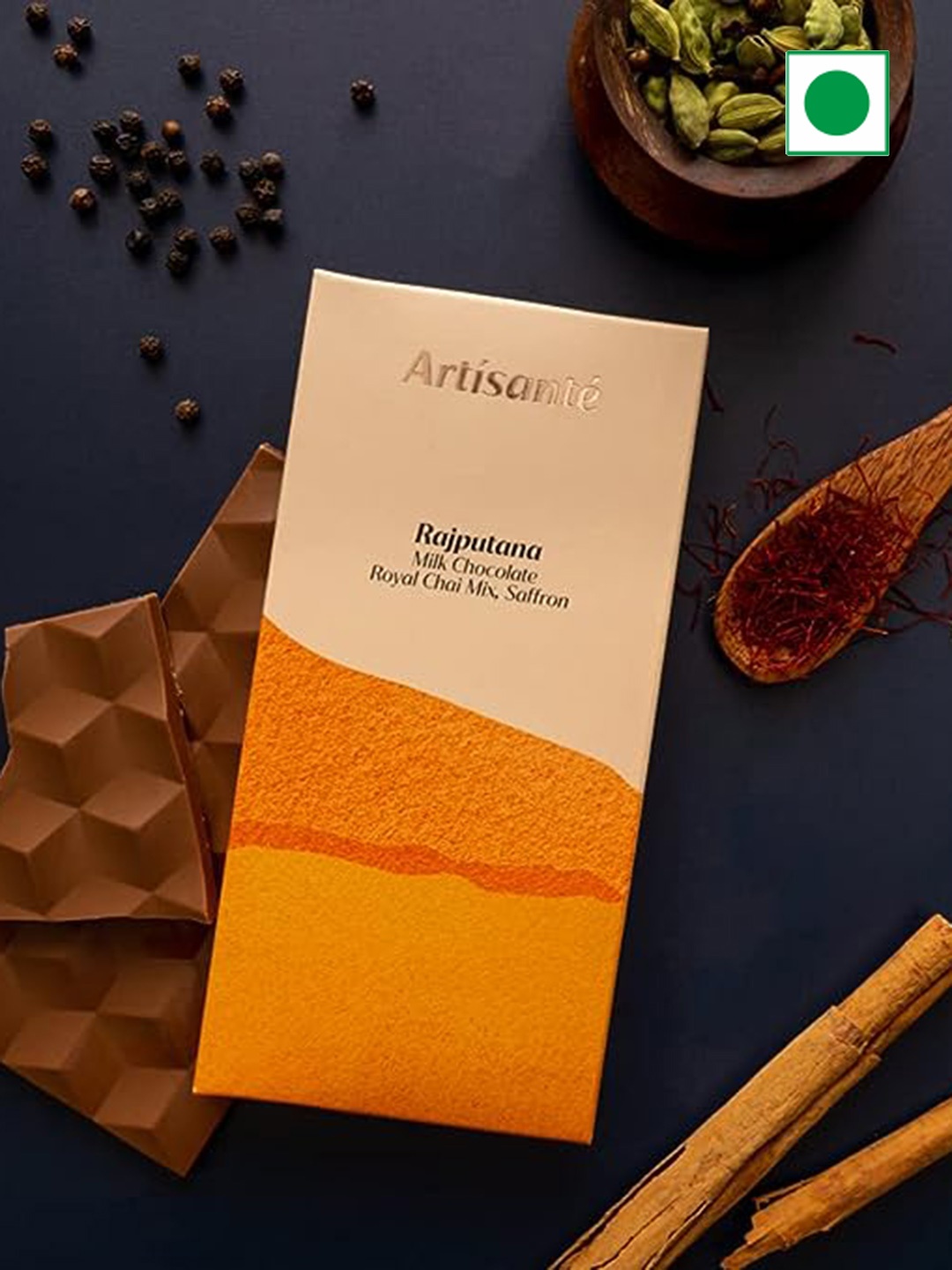 

Artisante Rajputana, Milk Chocolate, Royal Chai Mix, Saffron 80 gms, Brown