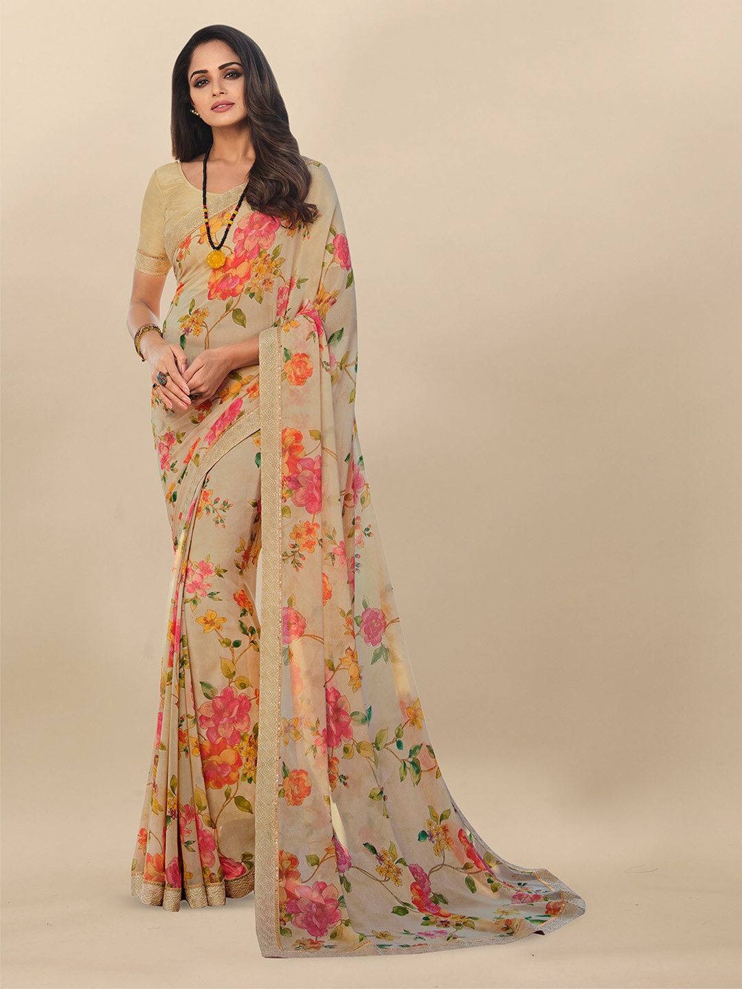 

Atulyam Tex World Floral Sequinned Poly Georgette Saree, Beige