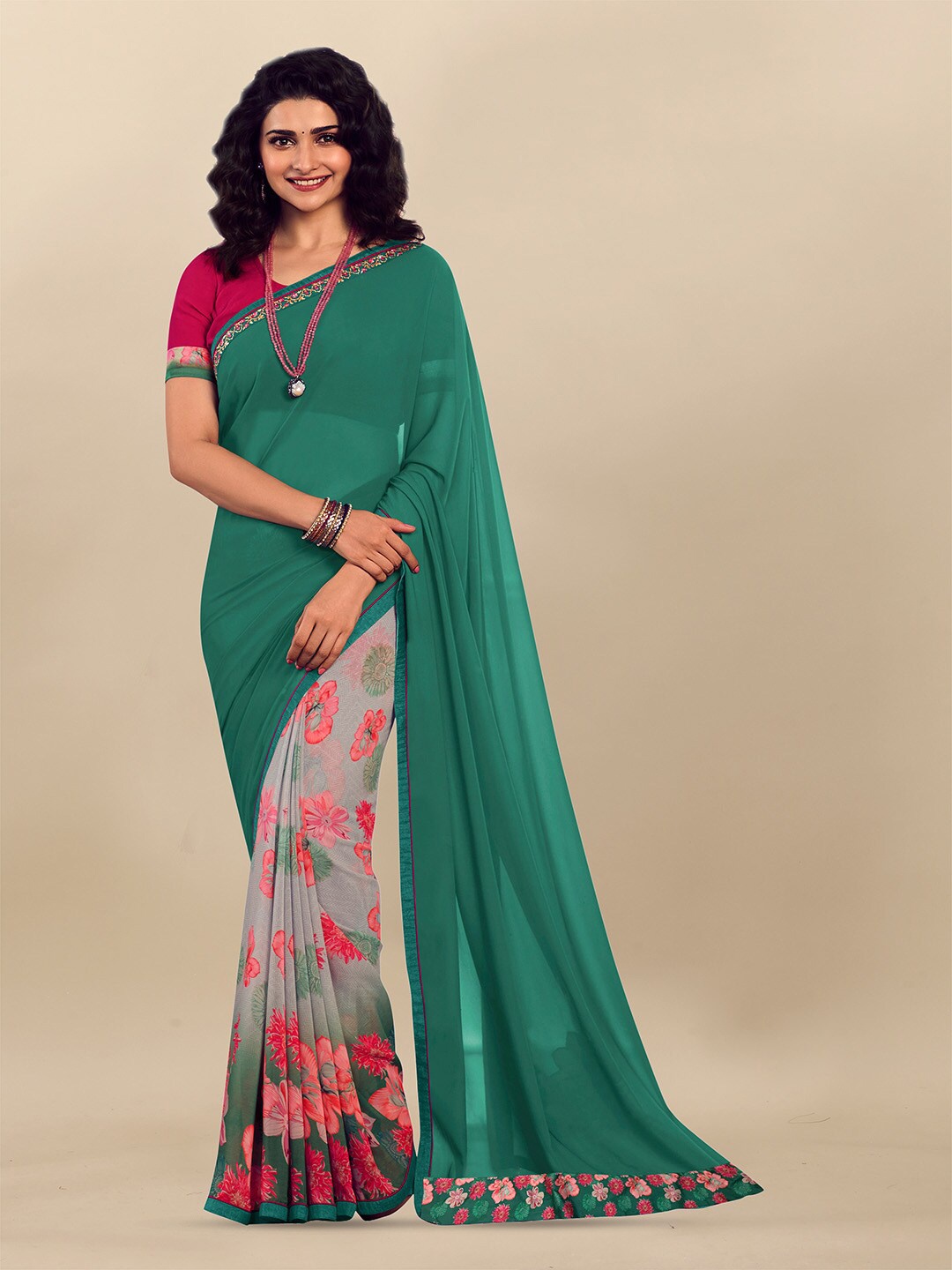 

Atulyam Tex World Floral Print Georgette Saree, Green