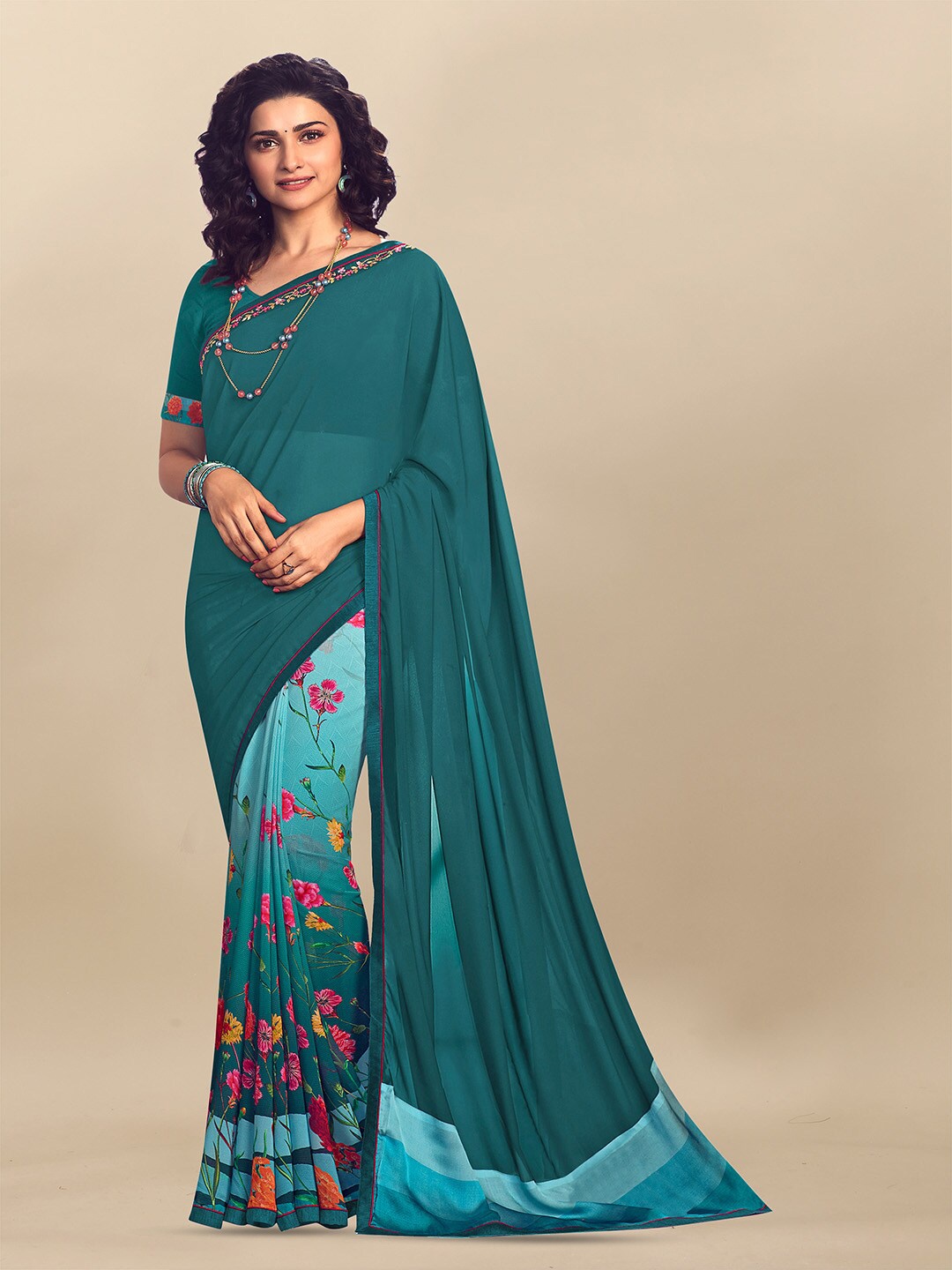 

Atulyam Tex World Floral Print Georgette Saree, Green