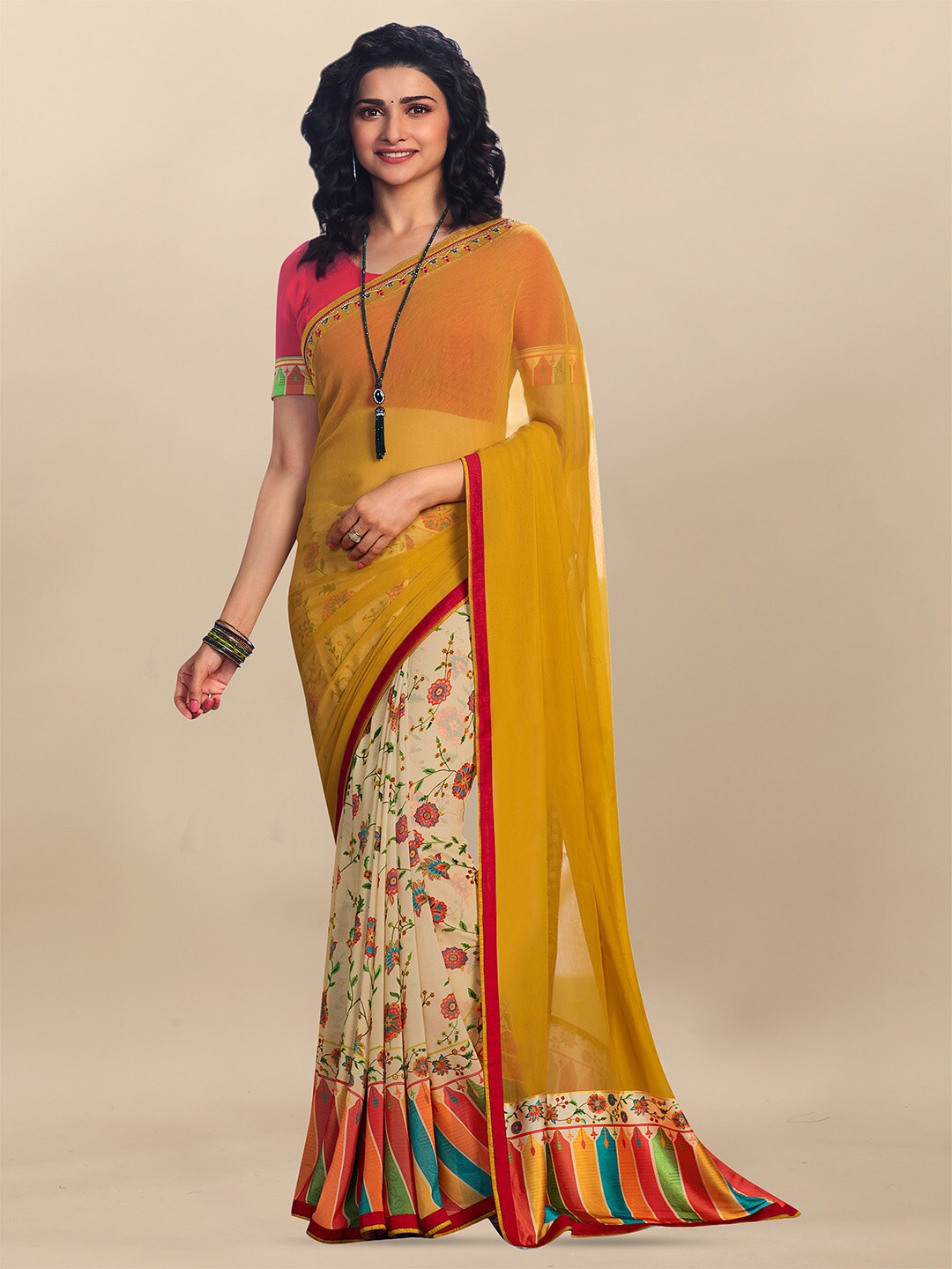 

Atulyam Tex World Floral Printed Saree, Cream