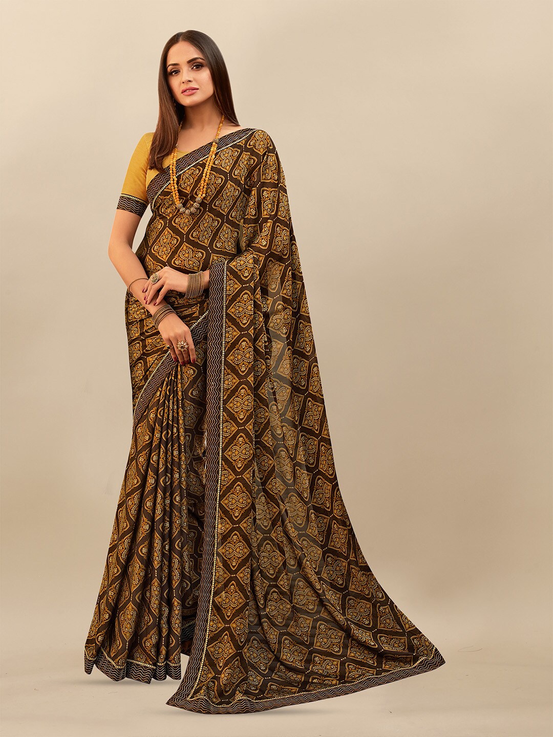 

Atulyam Tex World Ethnic Motifs Printed Sequinned Saree, Brown