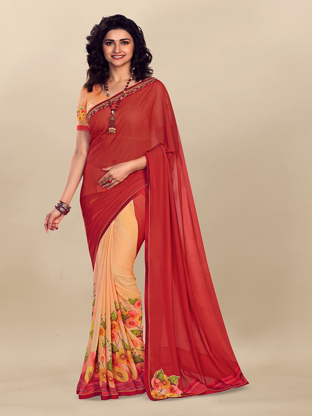 

Atulyam Tex World Floral Print Georgette Saree, Orange