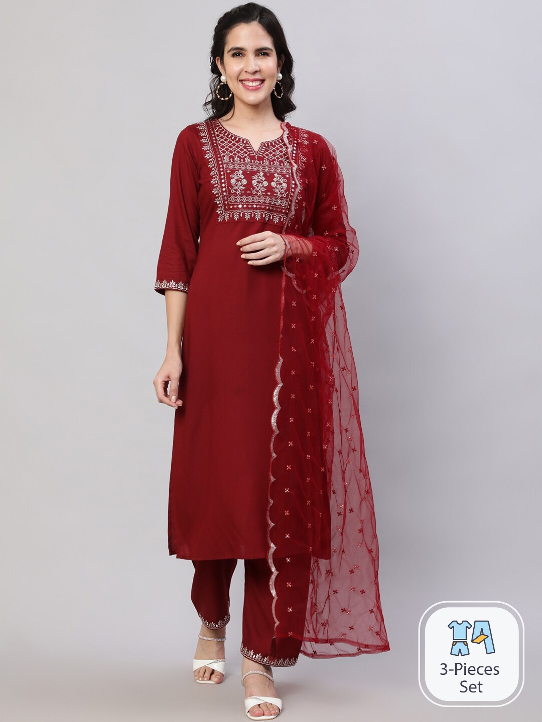 

Nayo Floral Yoke Design Thread Work Kurta With Palazzos & Dupatta, Maroon