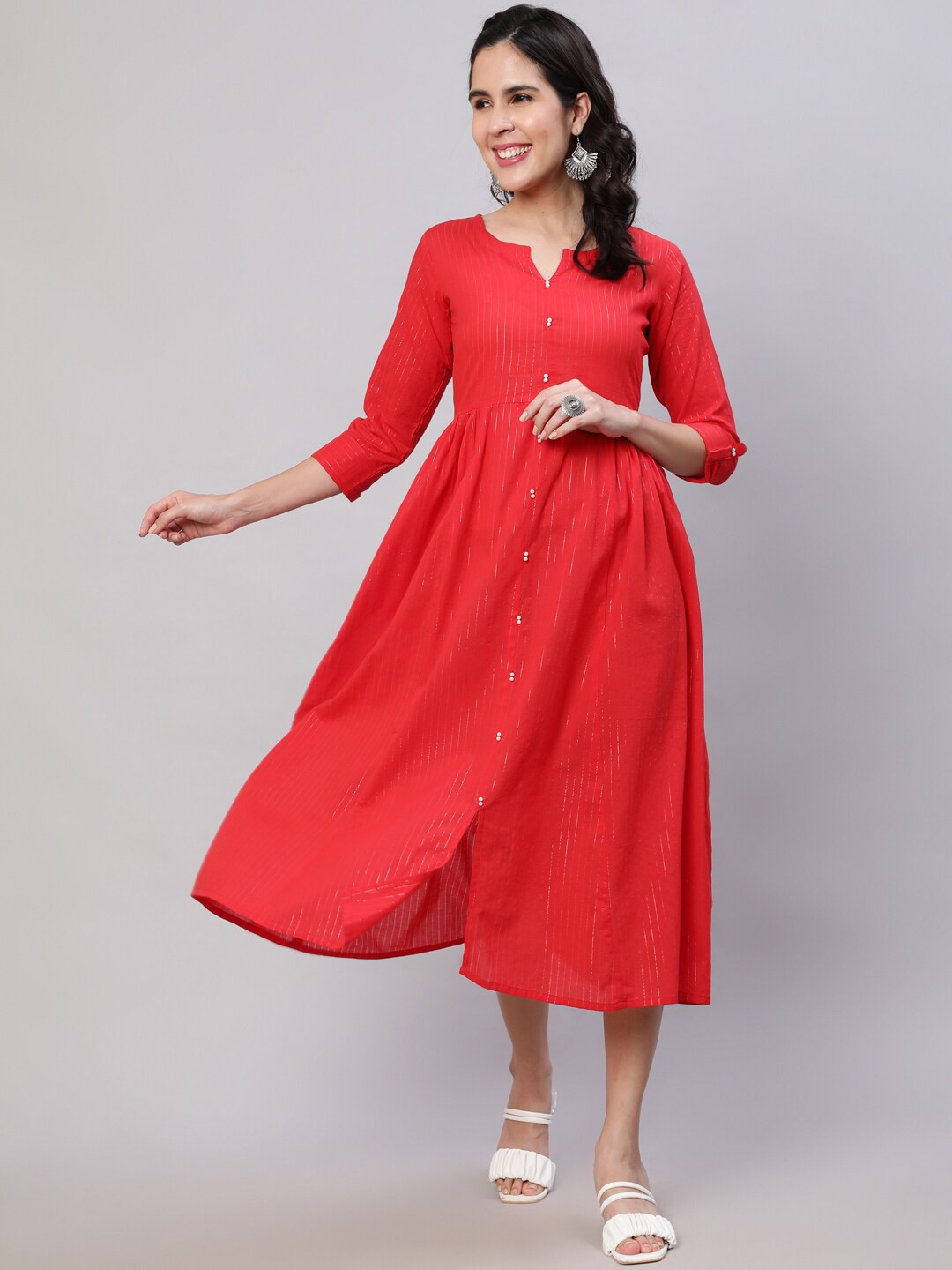 

Nayo Striped Roll-Up Sleeves Pleated Cotton Fit & Flare Midi Dress, Red