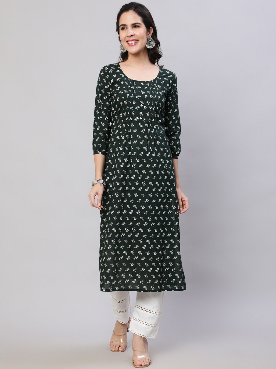 

Nayo Ethnic Motifs Printed Pleated Straight Kurta, Green