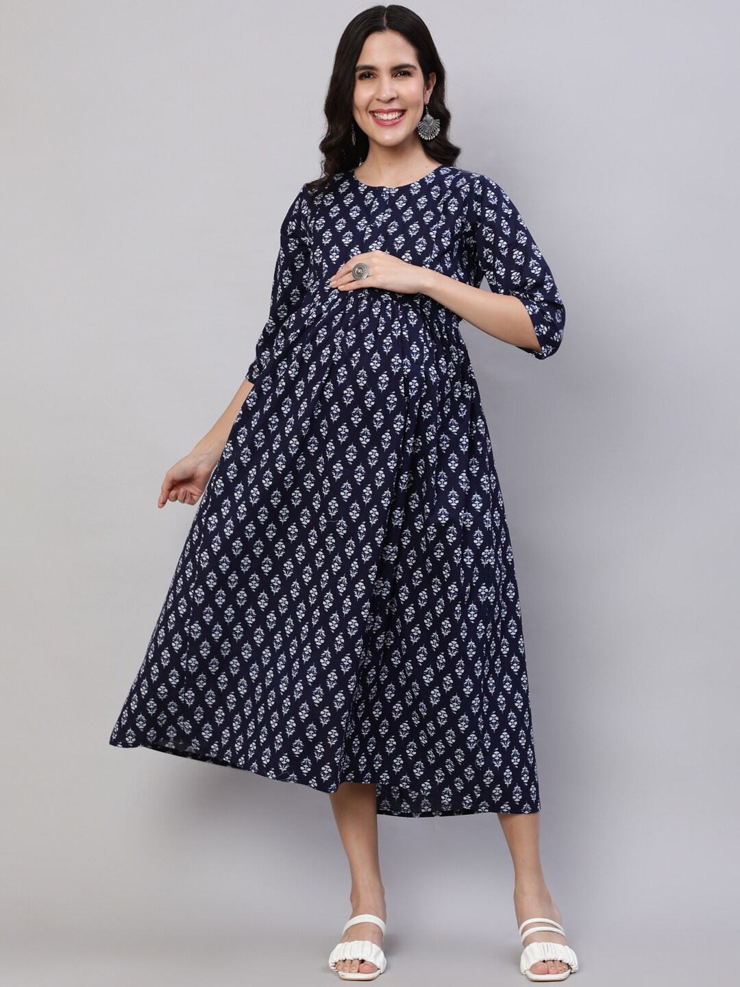 

Nayo Ethnic Motifs Printed Tie-Ups Cotton Maternity Empire Midi Dress, Navy blue
