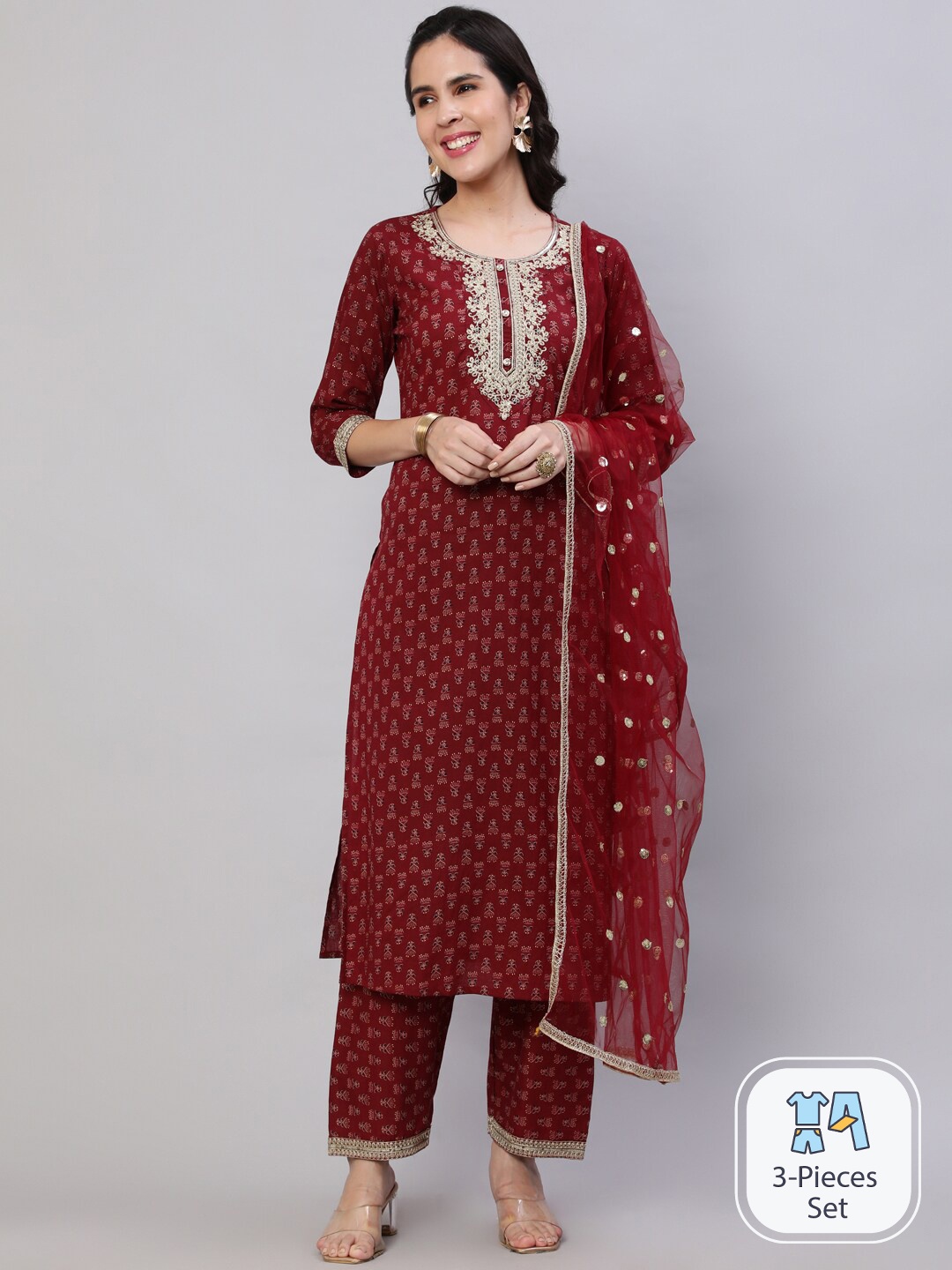 

Nayo Floral Printed Pure Cotton Thread Work Kurta With Palazzos & Dupatta, Burgundy