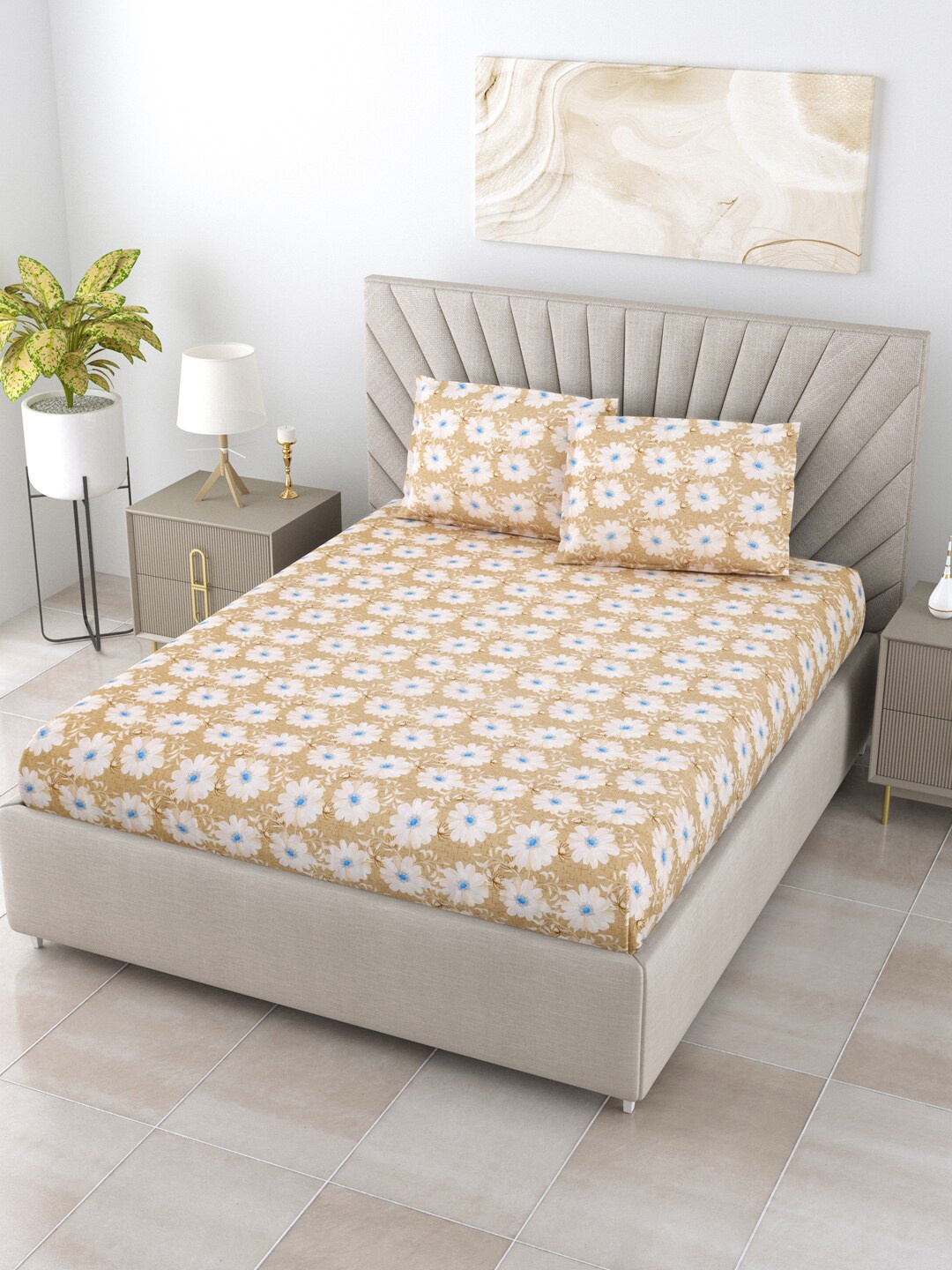 

BOMBAY DYEING Cardinal Beige Floral Pure Cotton 120 TC Queen Bedsheet with 2 Pillow Covers