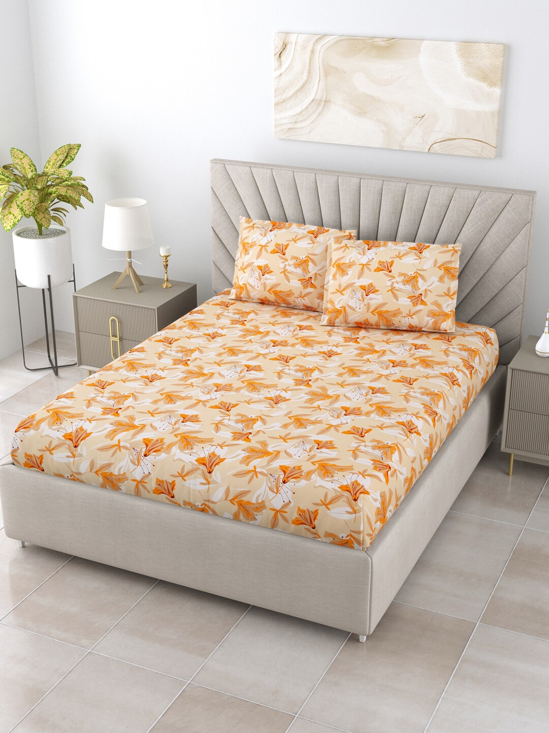 

BOMBAY DYEING Cardinal Brown & White Floral Cotton 120 TC Queen Bedsheet & 2 Pillow Covers