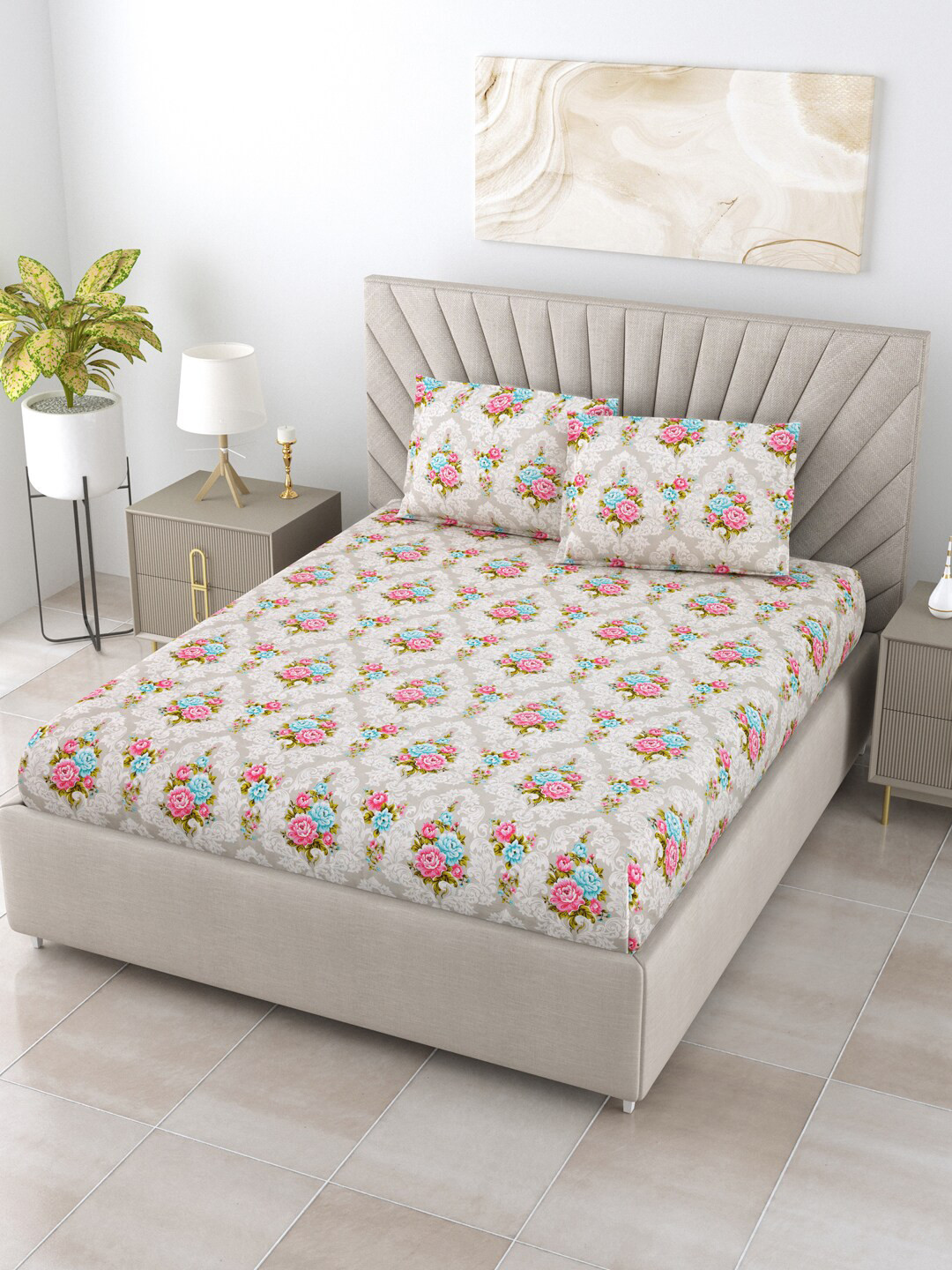 

BOMBAY DYEING Cardinal Grey & Pink Floral Cotton 120 TC Queen Bedsheet & 2 Pillow Covers