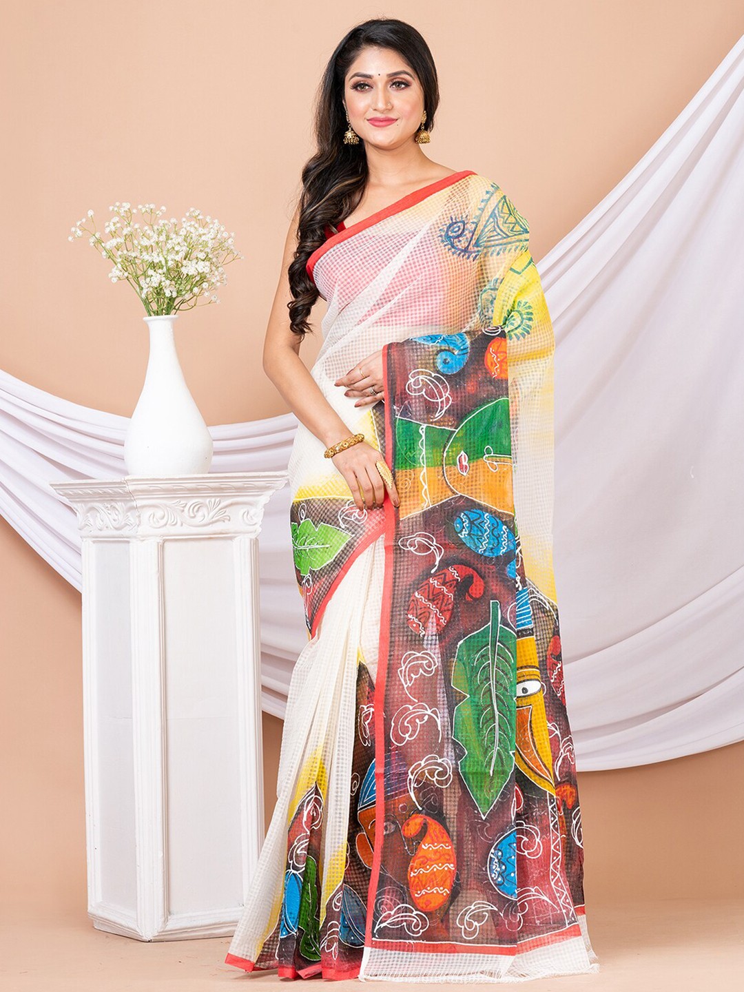 

Laa Calcutta Ethnic Motifs Pure Cotton Kota Saree, White