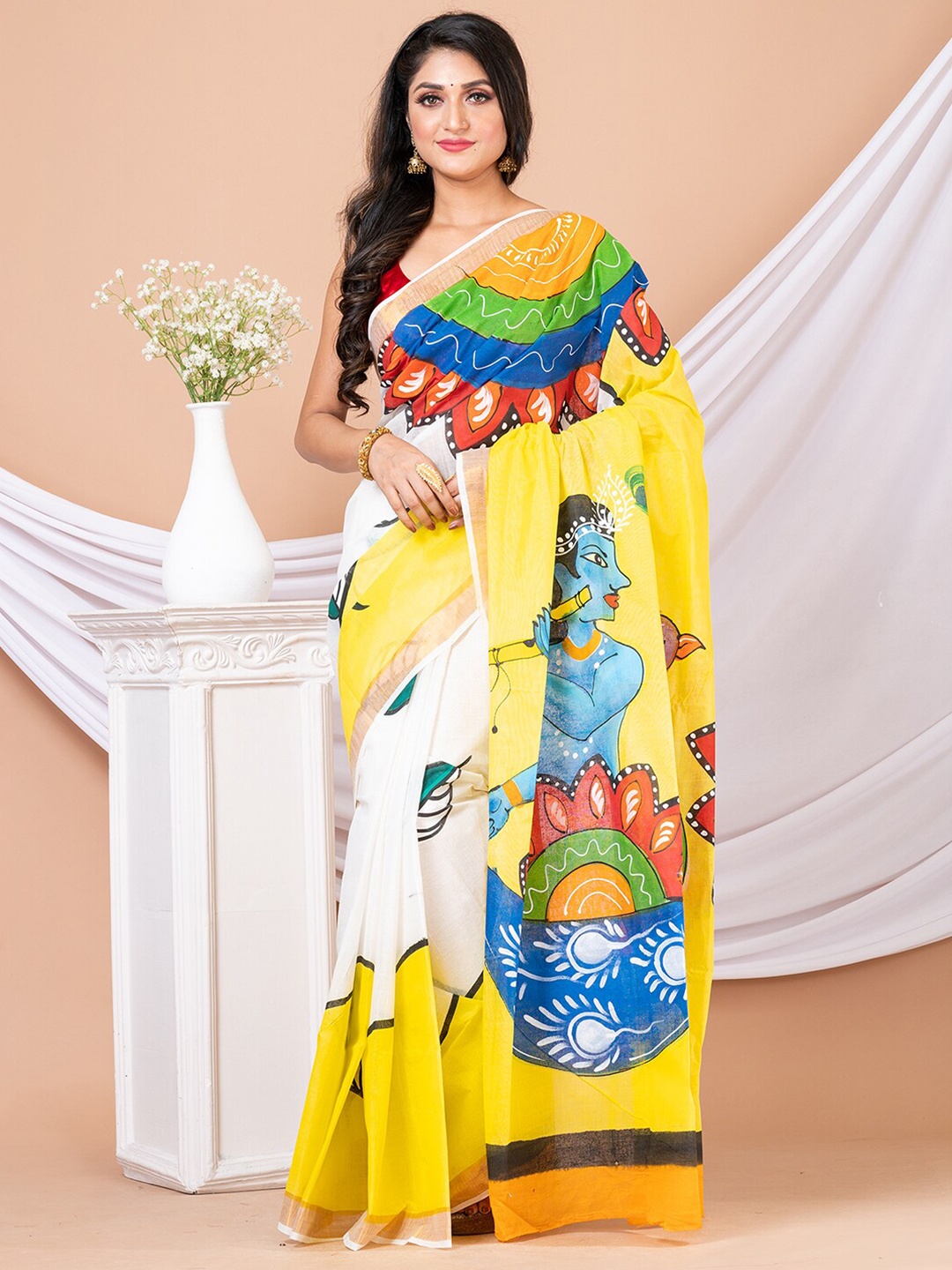 

Laa Calcutta Ethnic Motifs Printed Pure Cotton Saree, White