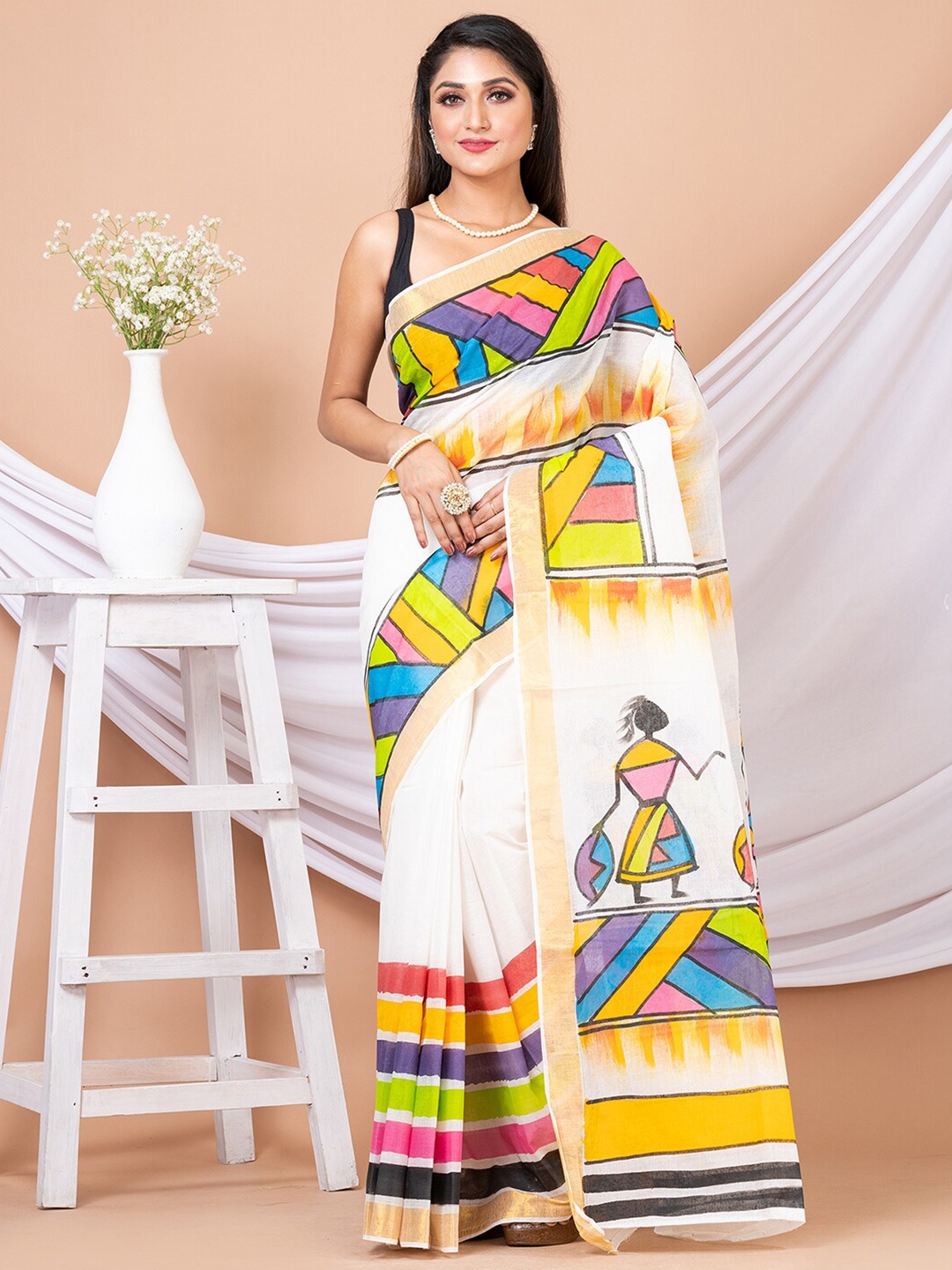 

Laa Calcutta Ethnic Motifs Printed Pure Cotton Saree, White