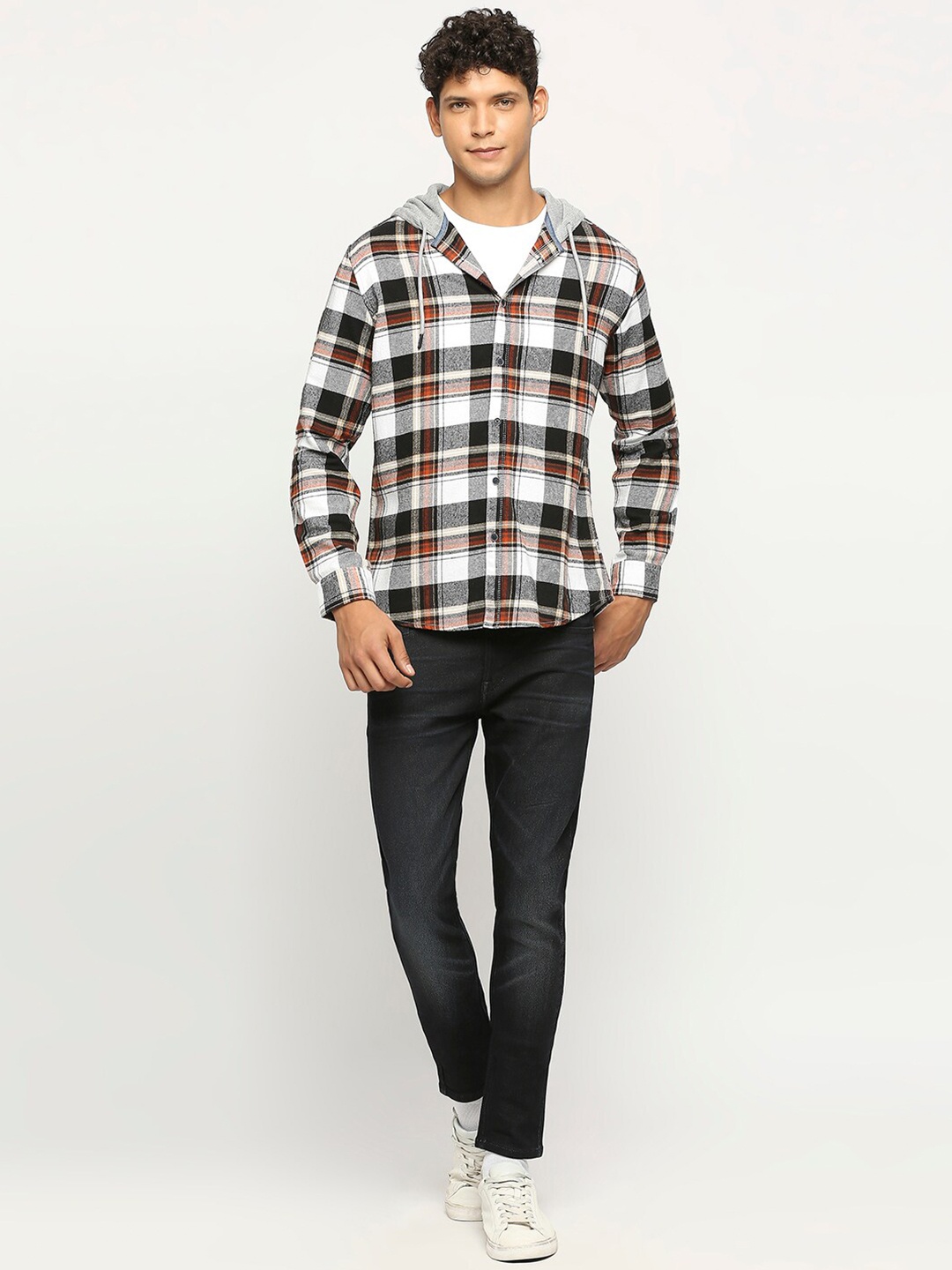 

BEAT LONDON by PEPE JEANS Slim Fit Hooded Tartan Checks Checked Pure Cotton Casual Shirt, White